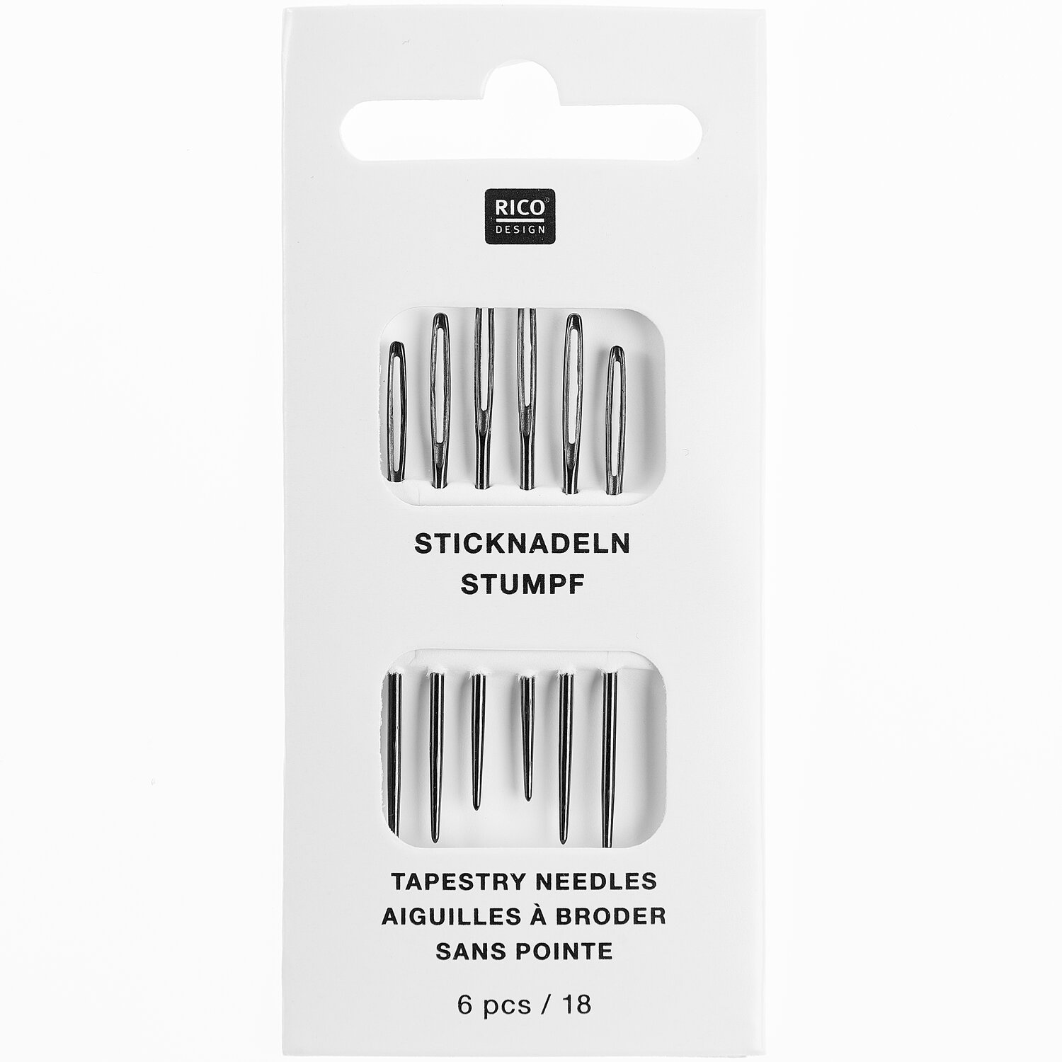 Sticknadeln stumpf 6 Stück, Rico Design, auf weißer Kartonverpackung, sechs silberne Nähnadeln sichtbar angeordnet für Handarbeitsprojekte