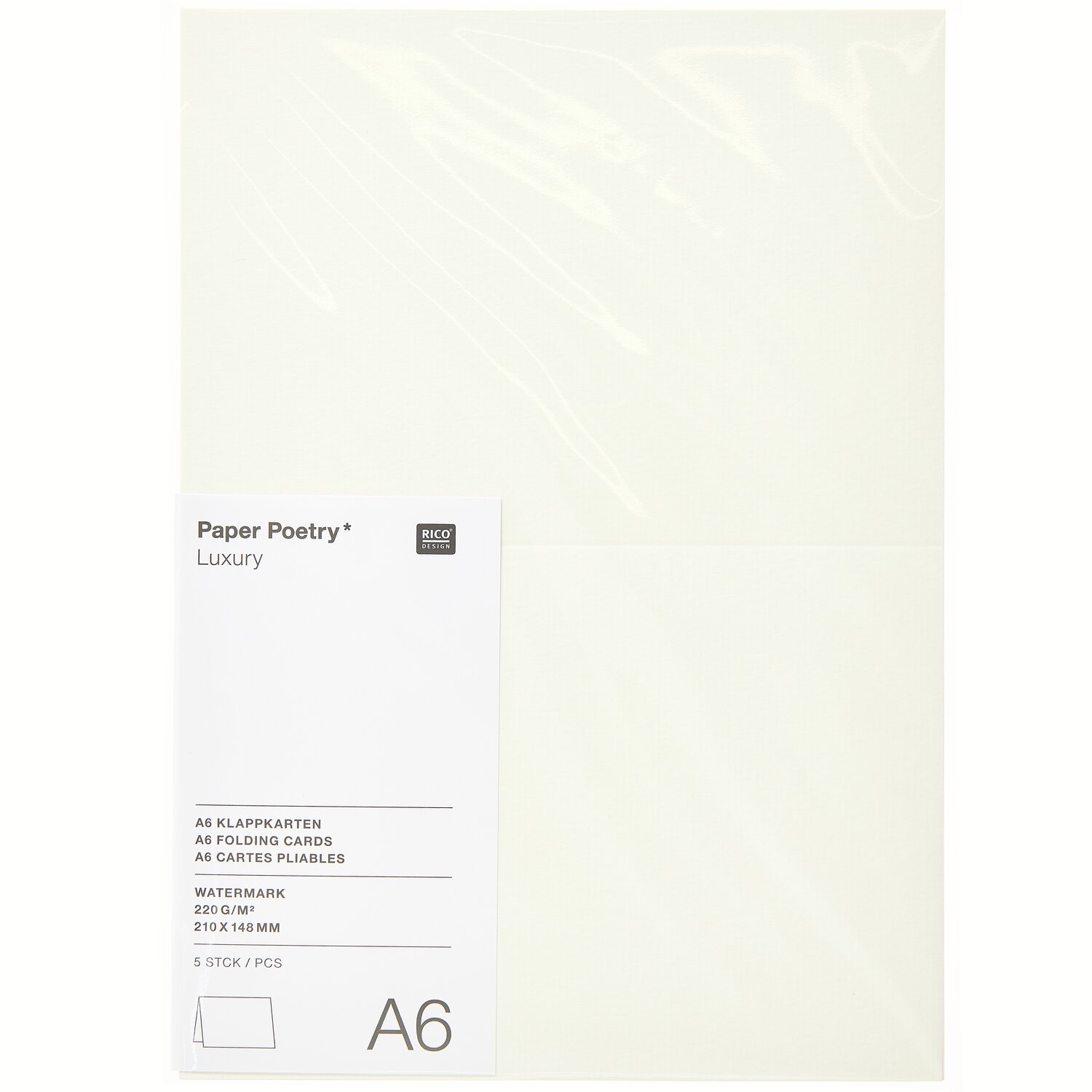 Paper Poetry Luxury Karten A6 5 Stück Farbe Elfenbein von Rico Design Paper Poetry Luxury Karten A6, elfenbein, 5 Stück, von Rico Design. Ideal für elegante Einladungen.