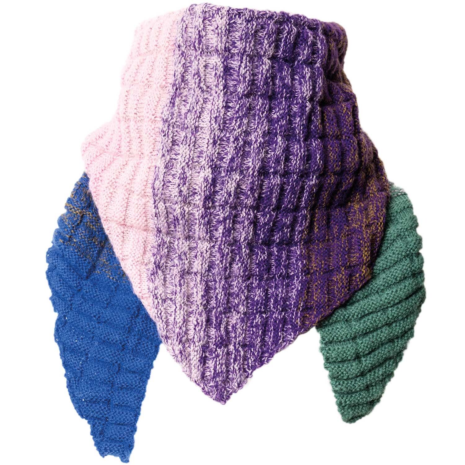 Creative Wool Dégradé Super6: Dreieckstuch in Lila-Grün von Rico Design, gestrickt mit Farbverlauf.