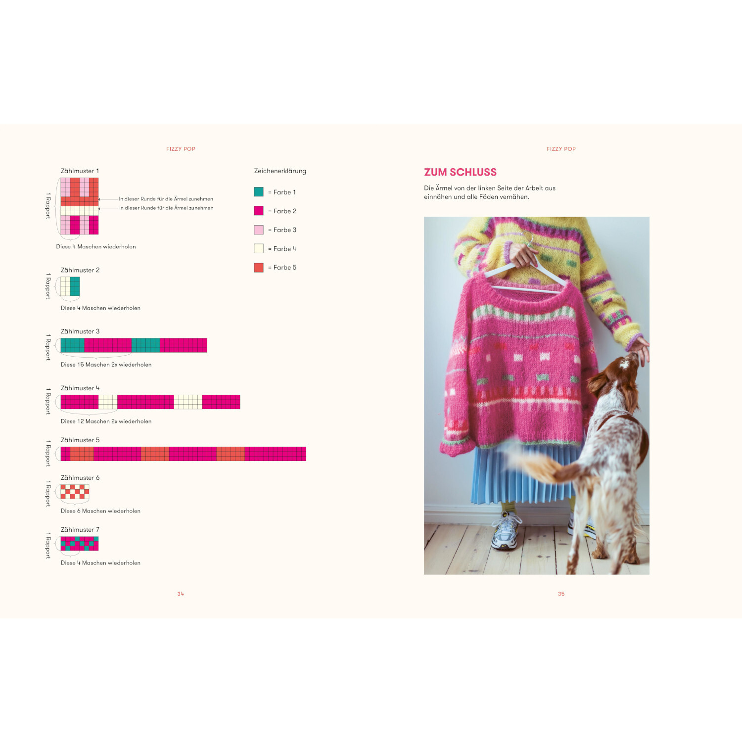 Knallbunt Mode im Stil der 80er stricken: Frau in buntem Pullover mit Hund, farbenfrohes Design.