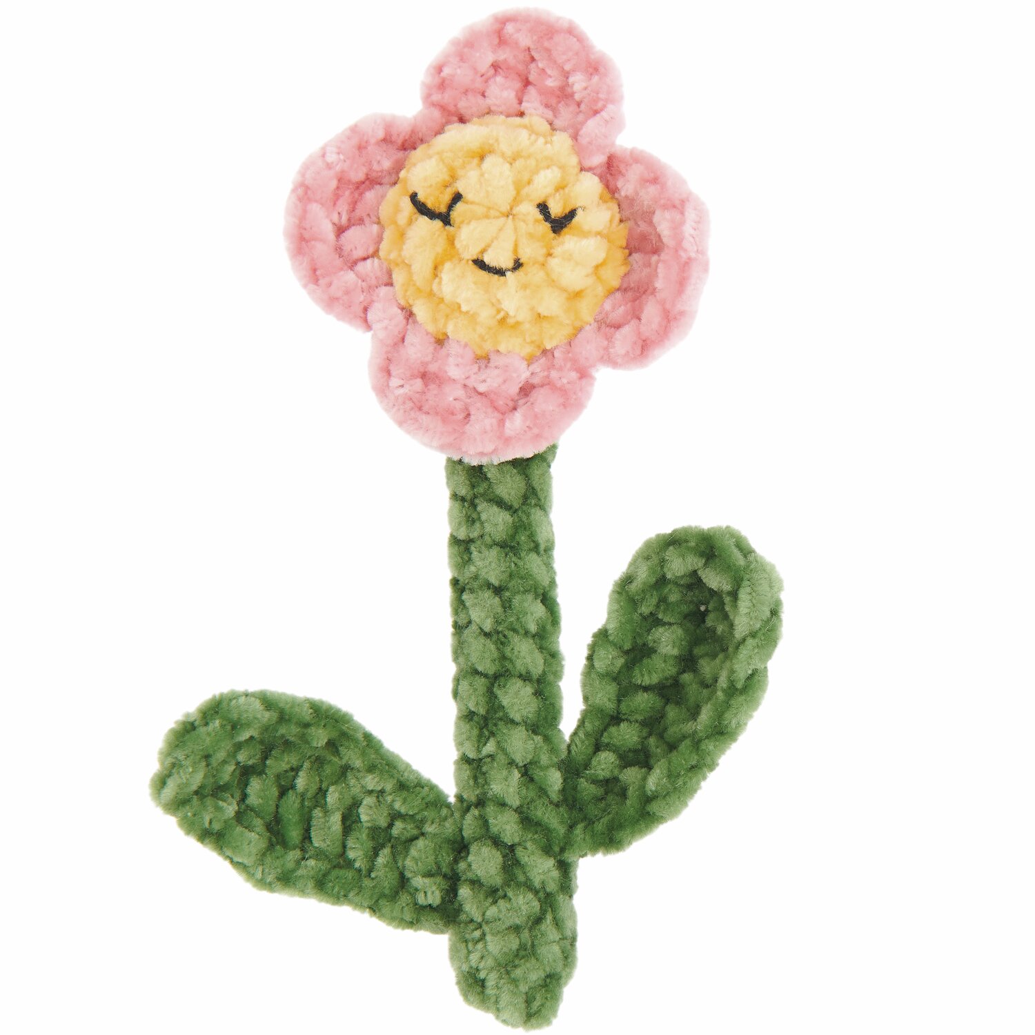 Ricorumi Rico Chingus zeigt eine gehäkelte Blume mit rosa Blütenblättern und grünem Stiel.
