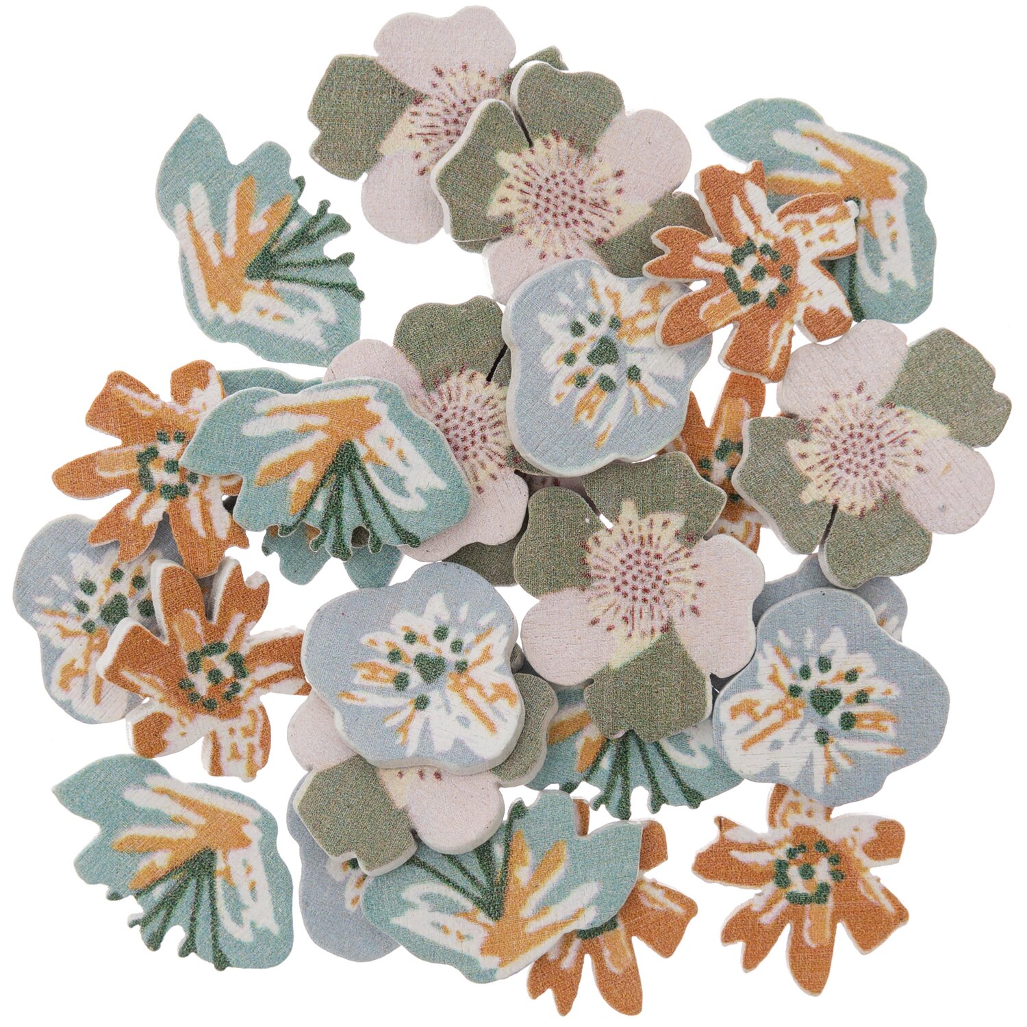 Holzstreu Blüten Mix 48 Stück: Bunte Holzblüten in Grün, Weiß und Orange von Rico Design für kreative Dekorationen.