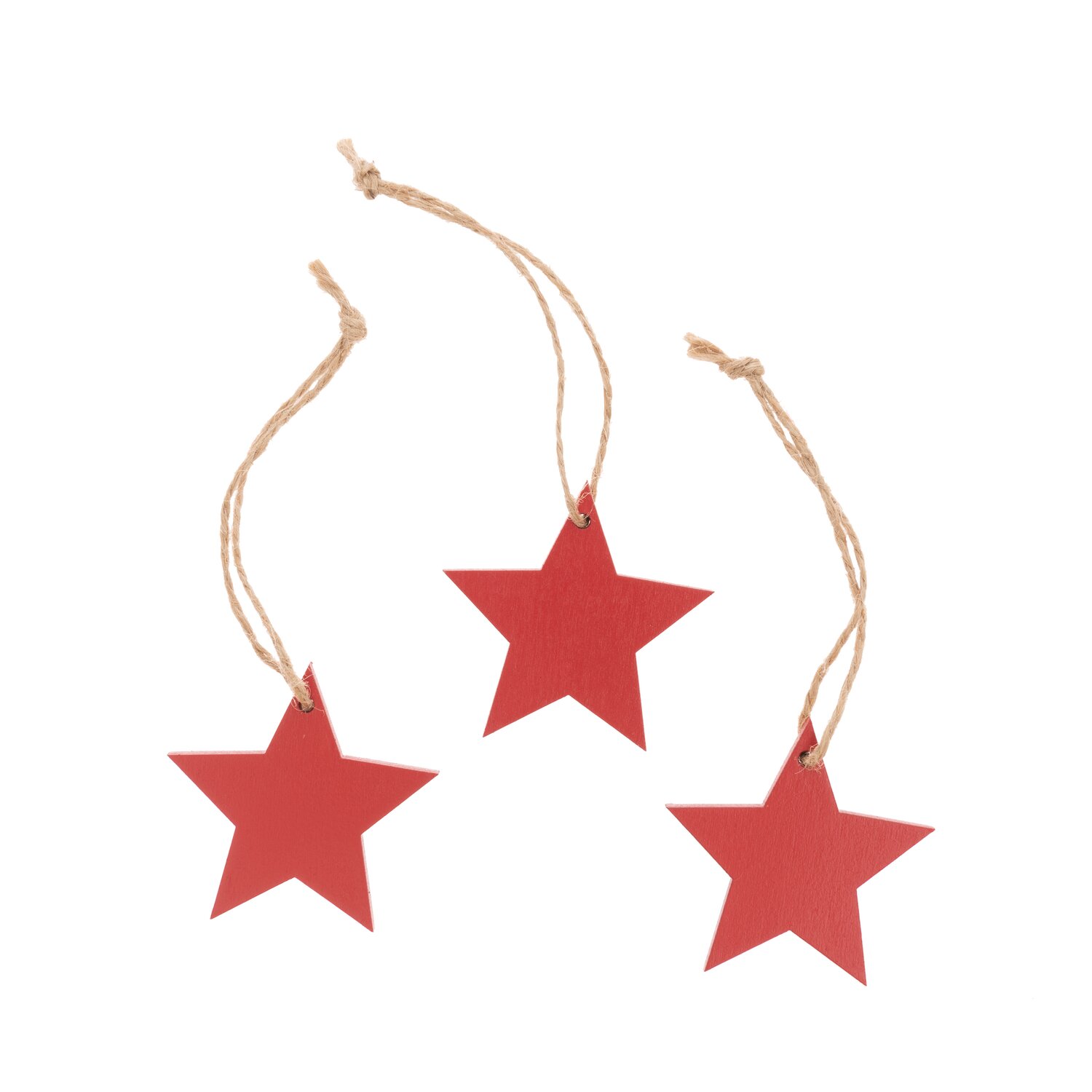 Holzhänger Stern rot 51x50 mm 3 Stück: Drei rote Holzsterne mit Juteschnur zum Aufhängen. Ideal für festliche Dekorationen.