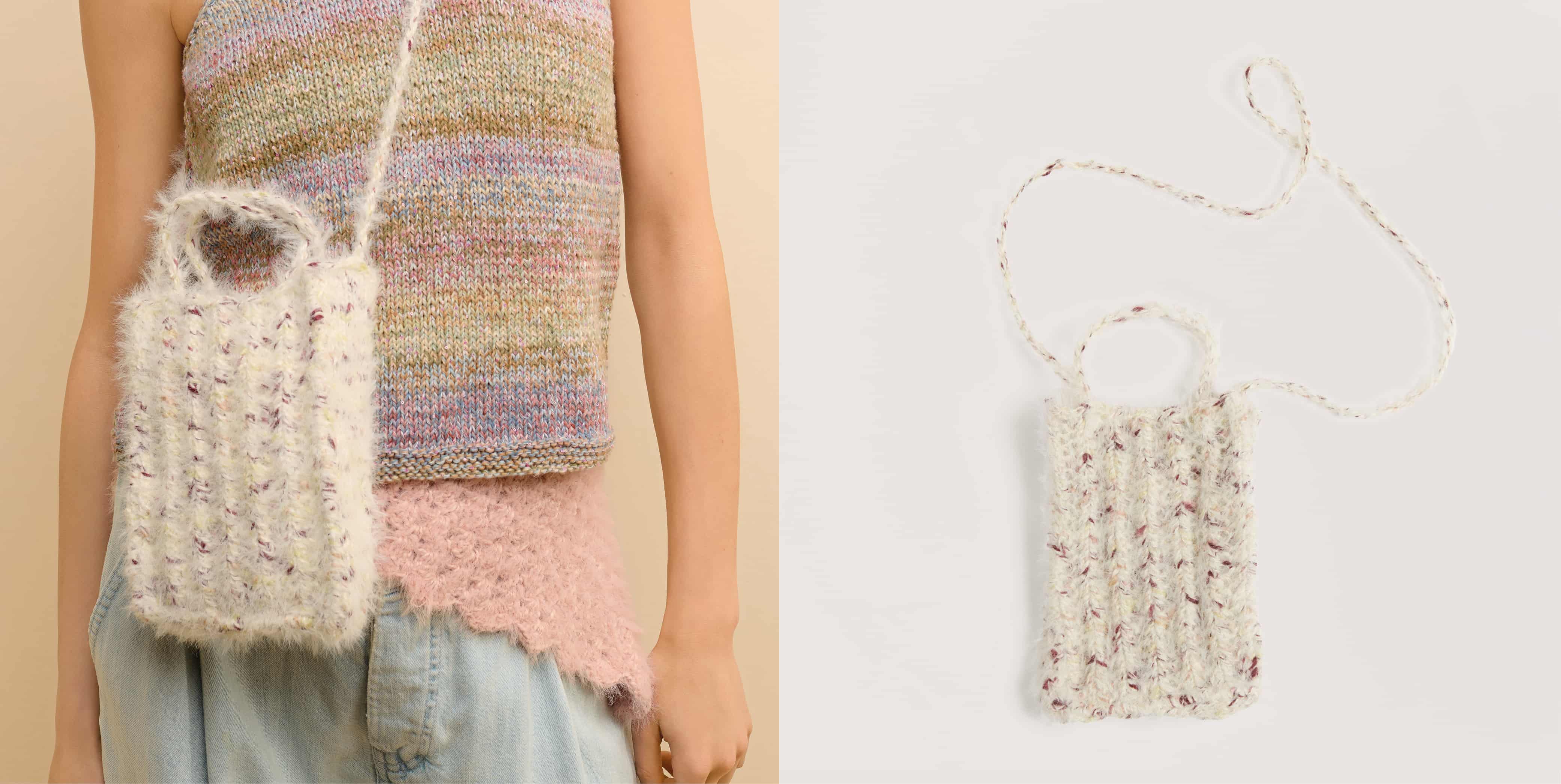 Gehäkelte Tasche Modell 03 aus Made by Me No. 22 gestylt und auf grauem Hintergrund.