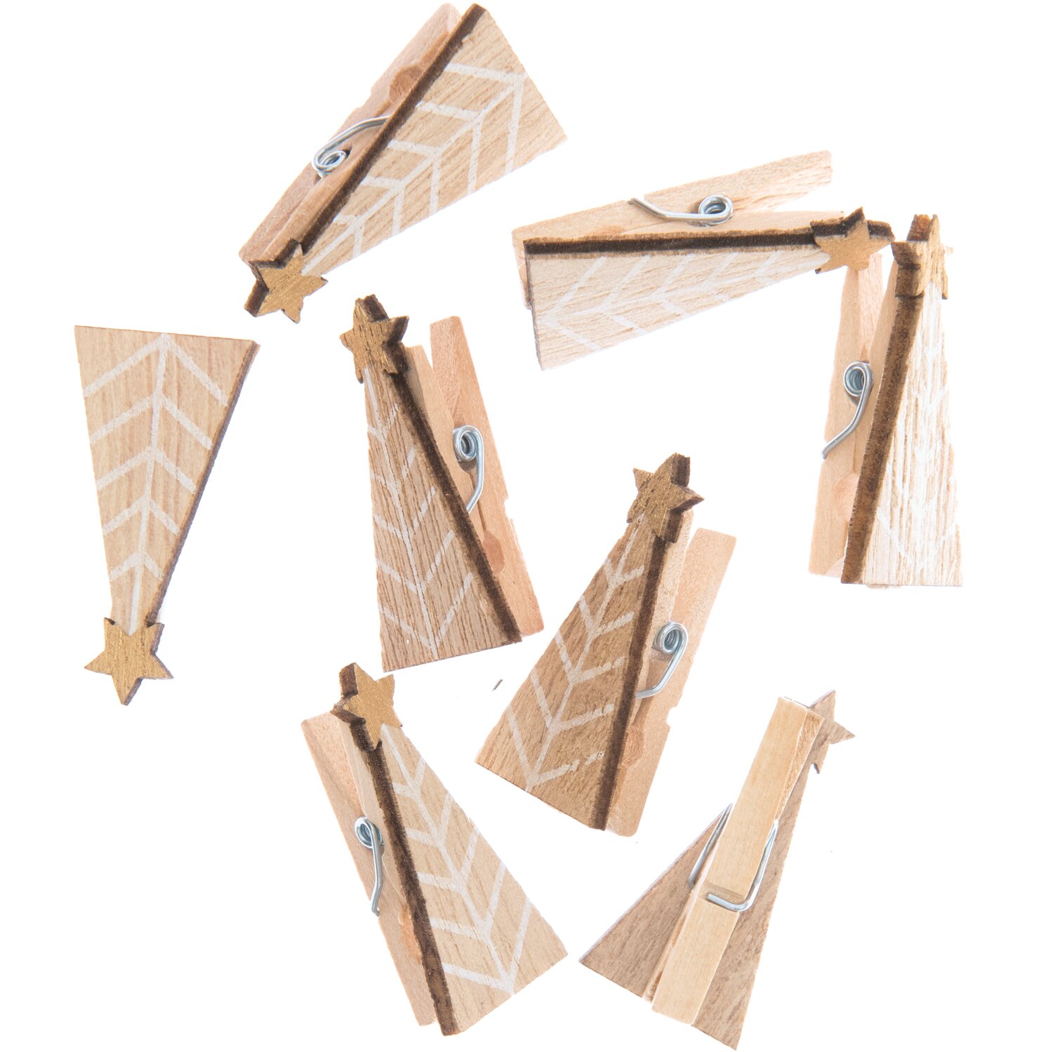 Dekoklammern Tannenbaum Natur 3cm, 8 Stück, aus Holz mit Sternmotiv, ideal für kreative Dekorationen.