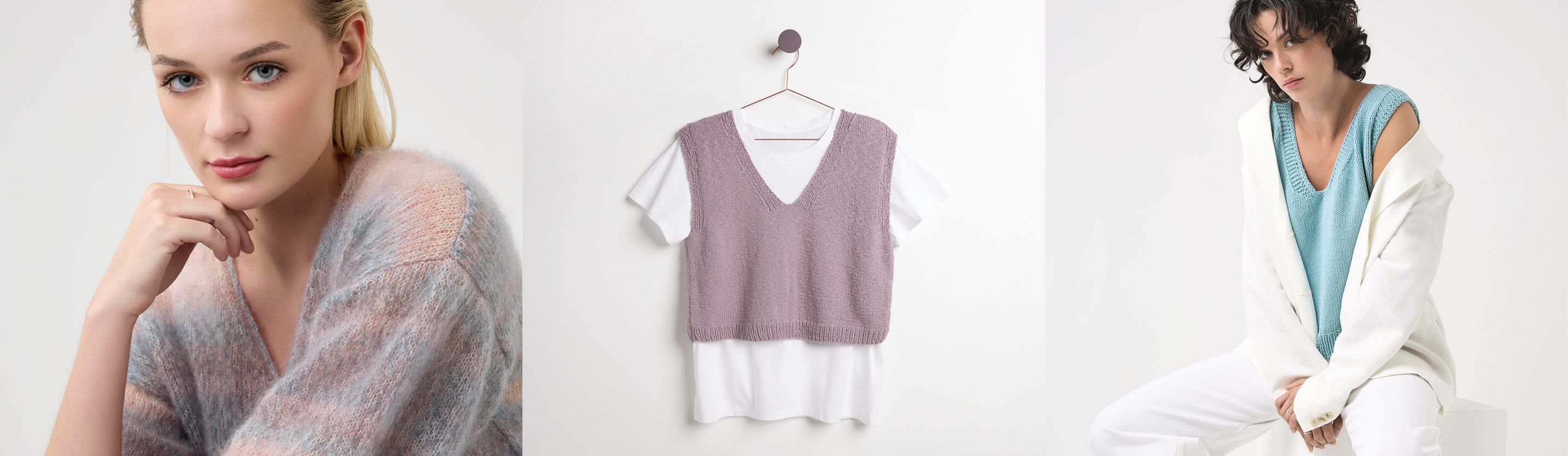 Drei Bilder nebeneinander. Eine Frau trägt gestrickten Pullover, ein gestrickter Pullunder an einem Kleiderbügel und eine Frau trägt ein gestricktes Top.
