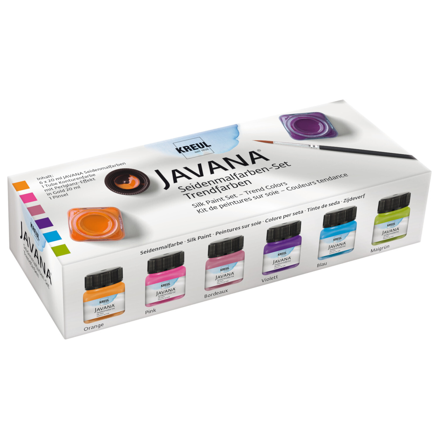 Javana Seidenmalfarben-Set Trendfarben, 6x20ml, KREUL. Enthält leuchtende Farben in praktischen Fläschchen für kreatives Seidenmalen.