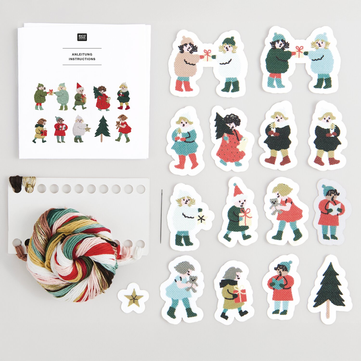 Stick & Stitch Stickpackung Kinder 15 Stück mit bunten Garnen und weihnachtlichen Motiven von Rico Design. Ideal für kreative Projekte.