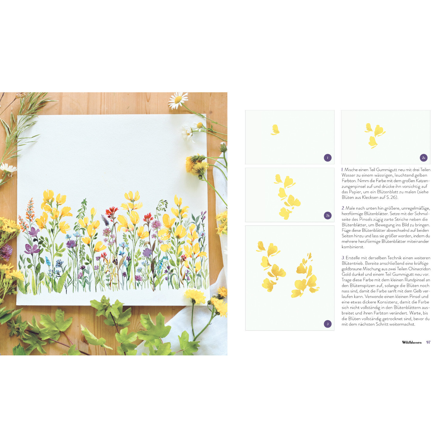 Wildflower Watercolor - Blumen Aquarelle malen von Edition Michael Fischer Wildflower Watercolor - Blumen Aquarelle malen: Bunte Blumenillustration auf Holzuntergrund mit Anleitung.