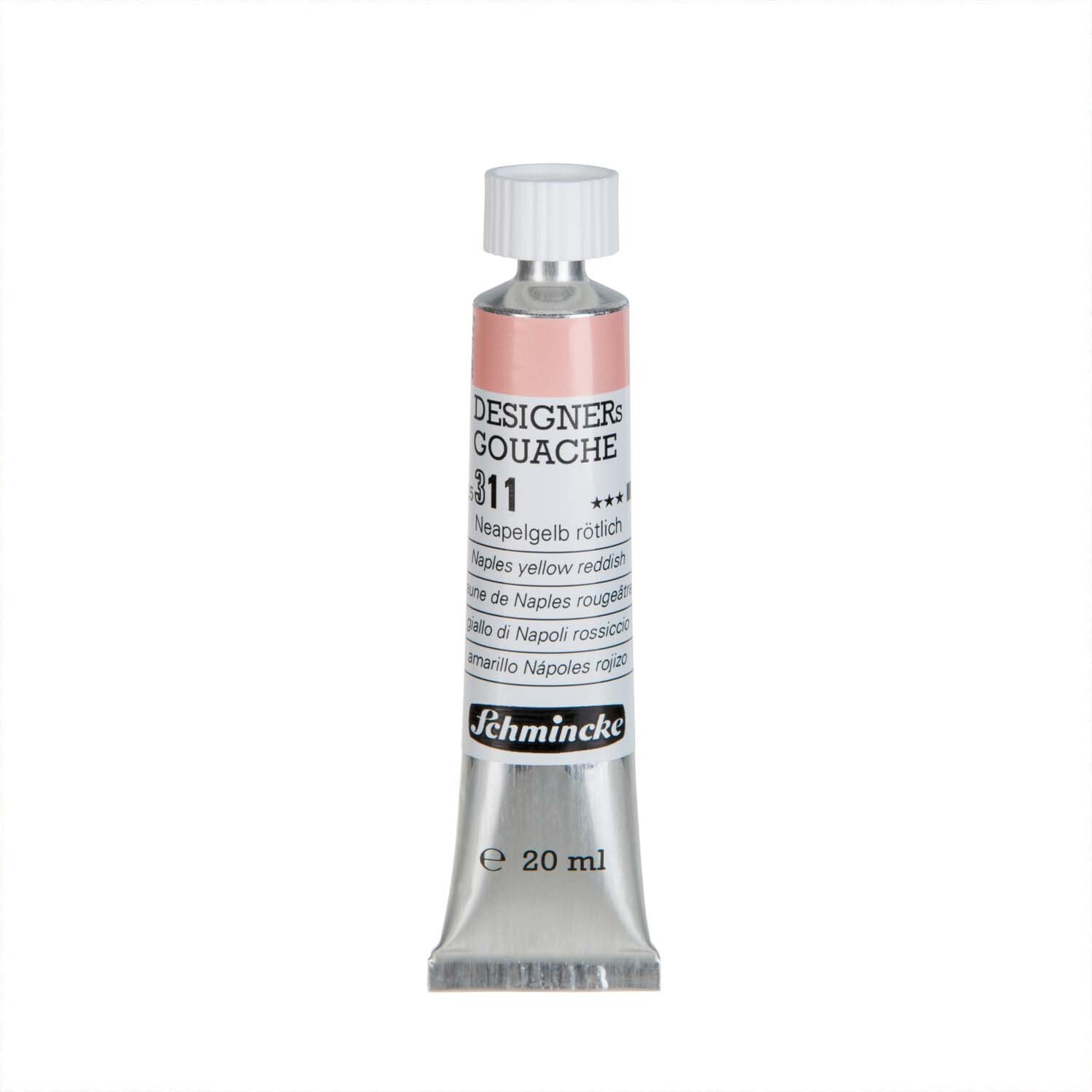 Designers Gouache 20ml von Schmincke in Neapelgelb Rötlich. Die Tube zeigt die Farbbezeichnung und das Markenlogo.