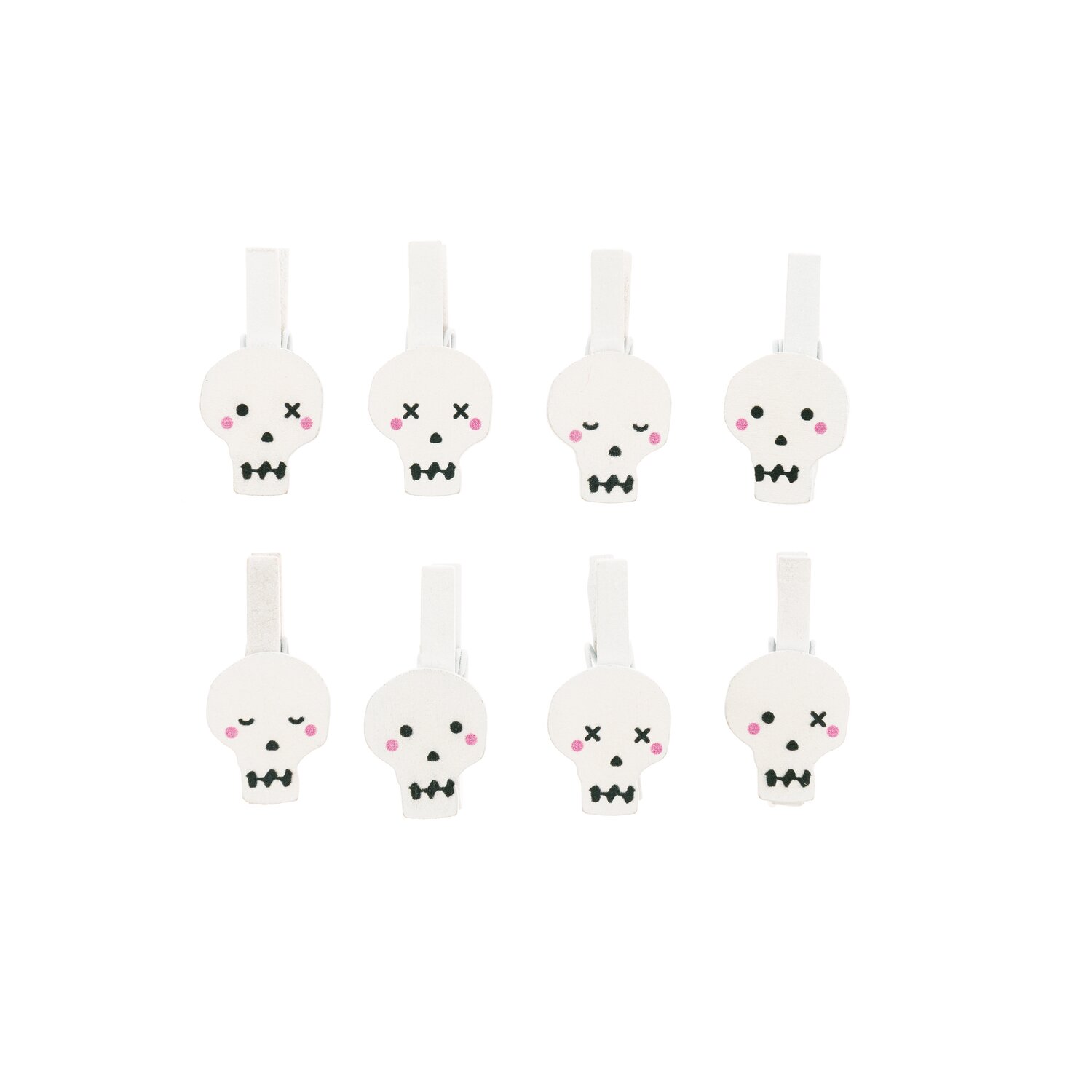 Holzclips Totenkopf Mix weiß 8 Stück: Acht weiße Totenkopf-Holzclips von Rico Design, ideal für kreative Dekorationen.