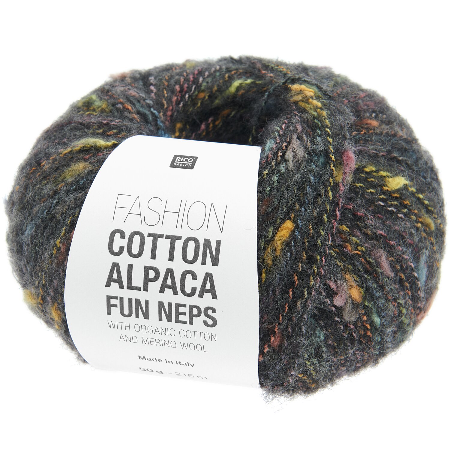 Fashion Cotton Alpaca Fun Neps: Weiches Garn in Schwarz mit bunten Akzenten, 50g, 215m, von Rico Design. Ideal für kreative Strickprojekte.