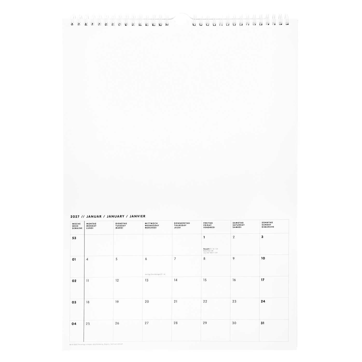 Paper Poetry Bastelkalender 2027, A3, von Rico Design, Monatsübersicht unten, Spiralbindung oben, neutrale Fläche zum kreativen Gestalten