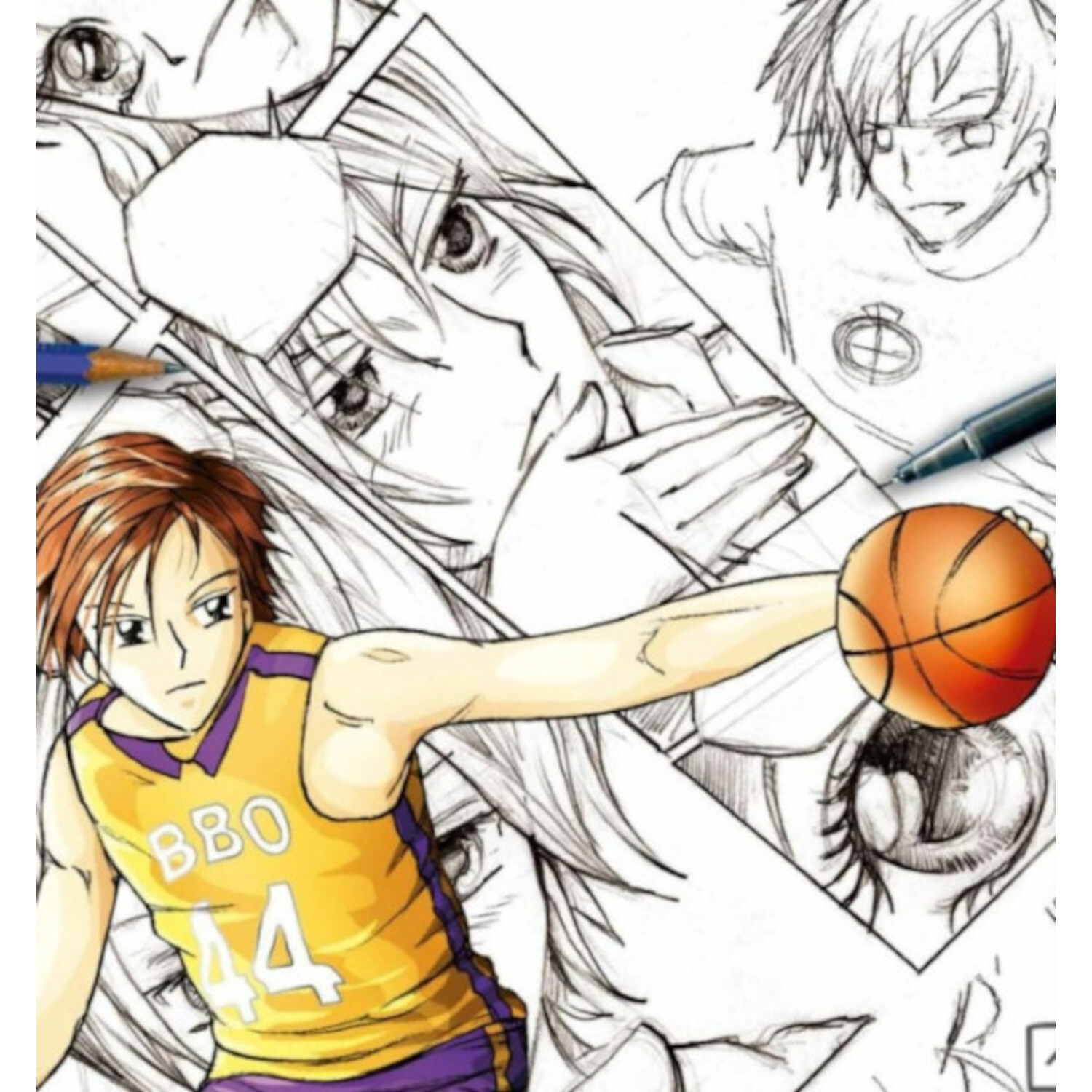 Manga Step by Step: Zeichnung eines Basketballspielers in gelbem Trikot vor Manga-Skizzen.