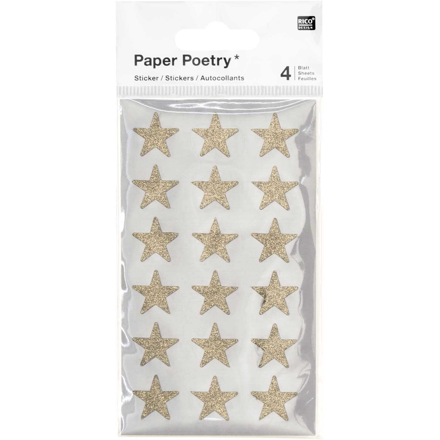 Paper Poetry Sticker Sterne Glitter gold, 4 Blatt von Rico Design, zeigt goldene Sternsticker auf weißem Hintergrund in einer Verpackung.