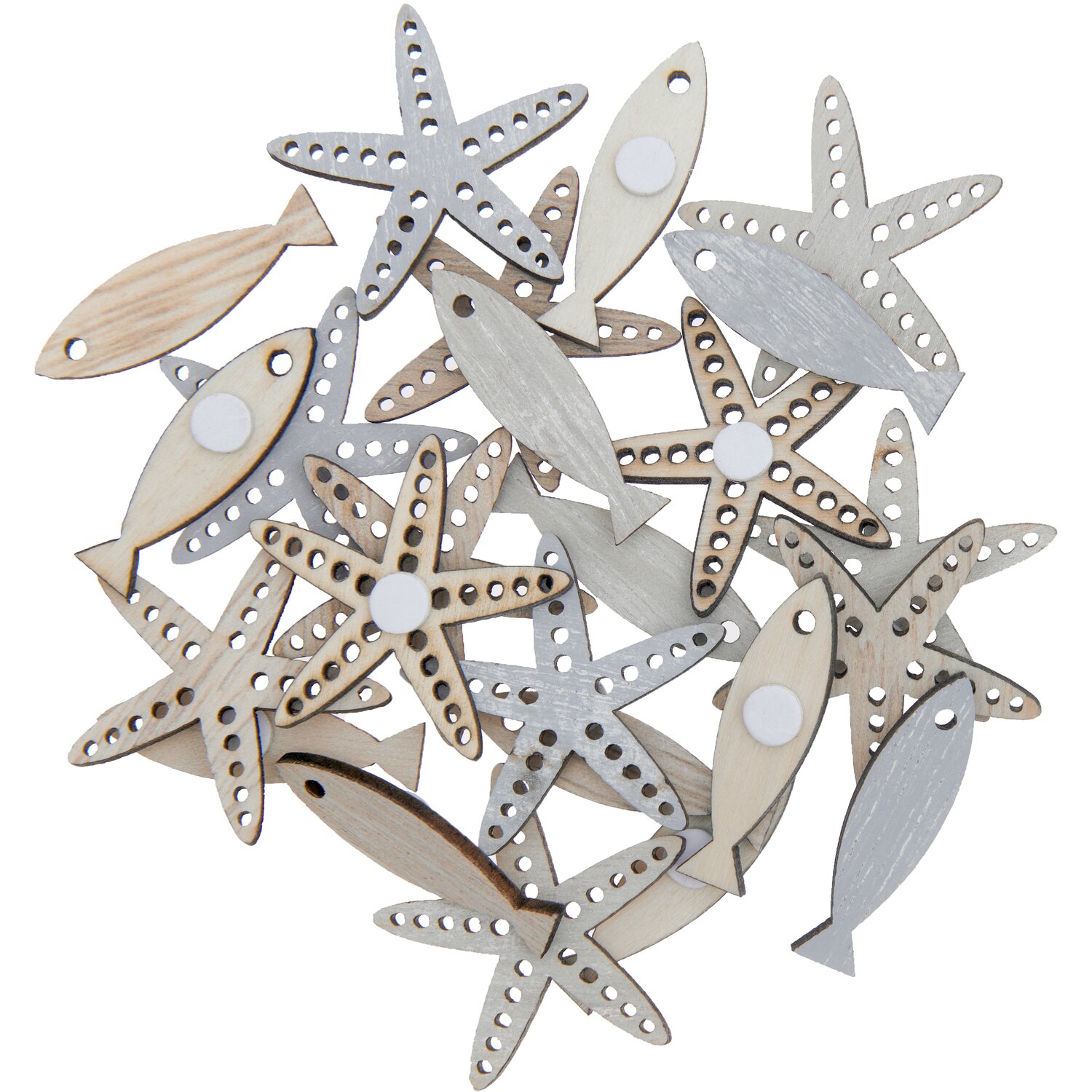 Holzsticker Fisch & Seestern Mix natur 24 Stück, dekorative Bastelmaterialien in natürlichen Holztönen, ideal für kreative Projekte.