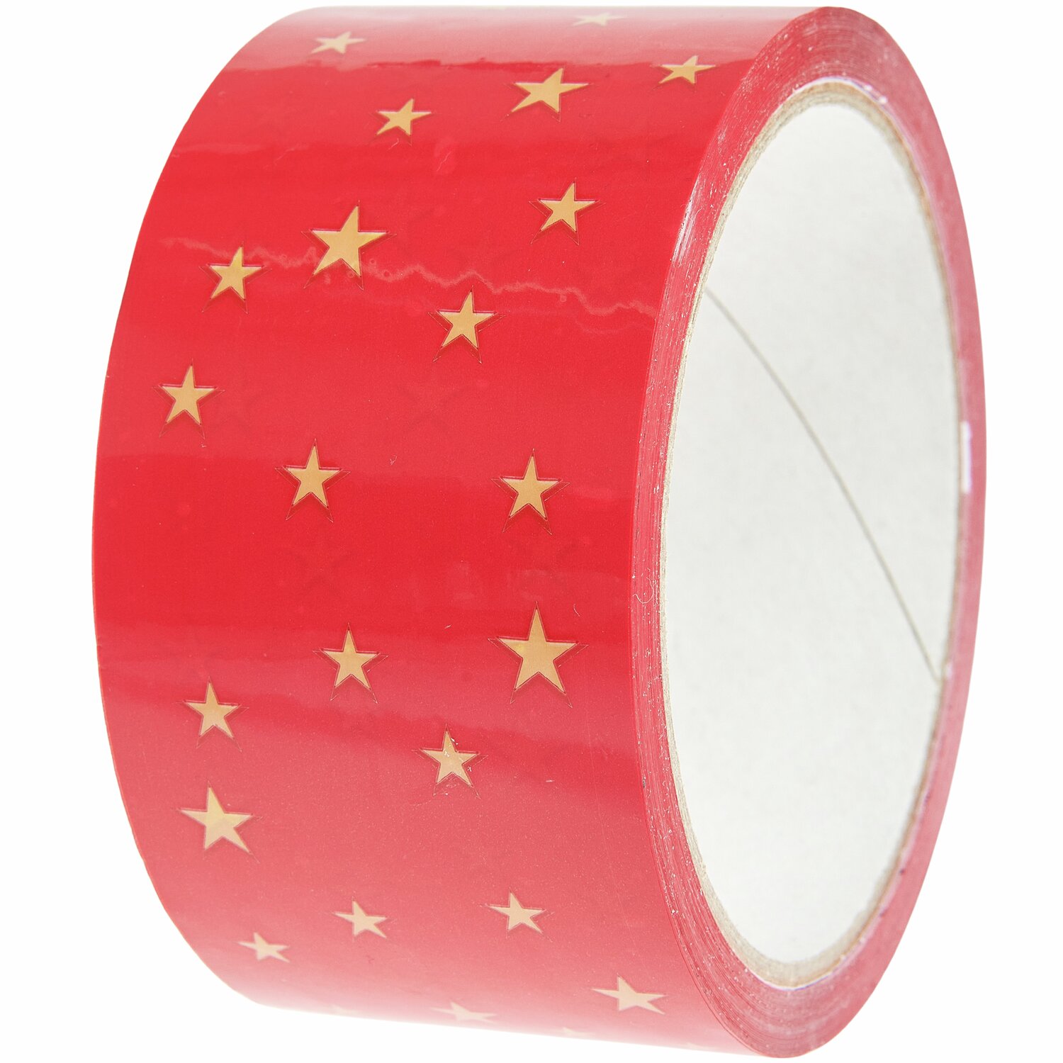 Paketklebeband Weihnachtsmarkt 5cm, rot mit goldenen Sternen, 33m Rolle, ideal für festliche Verpackungen.