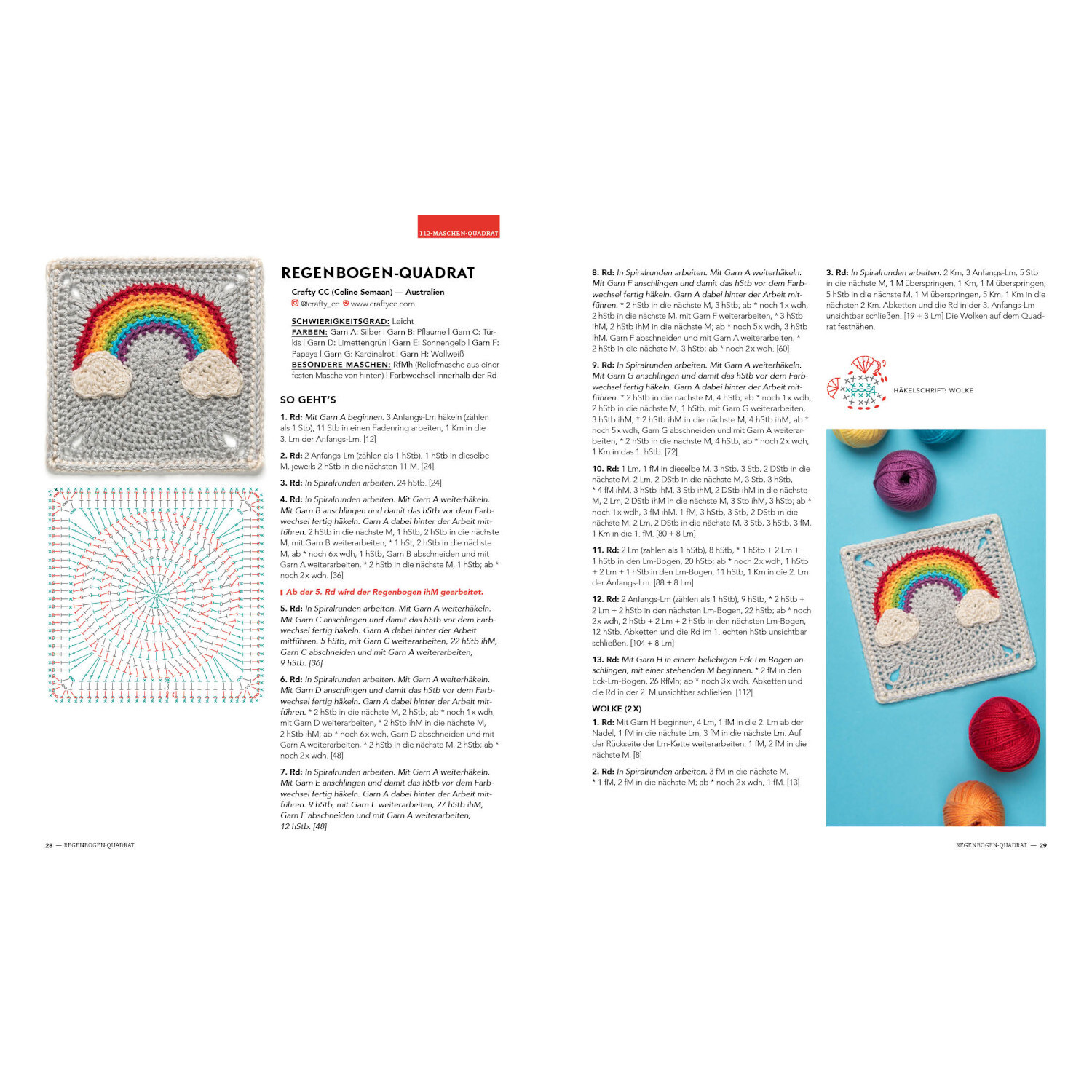 Musterbibel Granny Squares: Anleitung für Regenbogen-Quadrat mit buntem Garn von EMF.