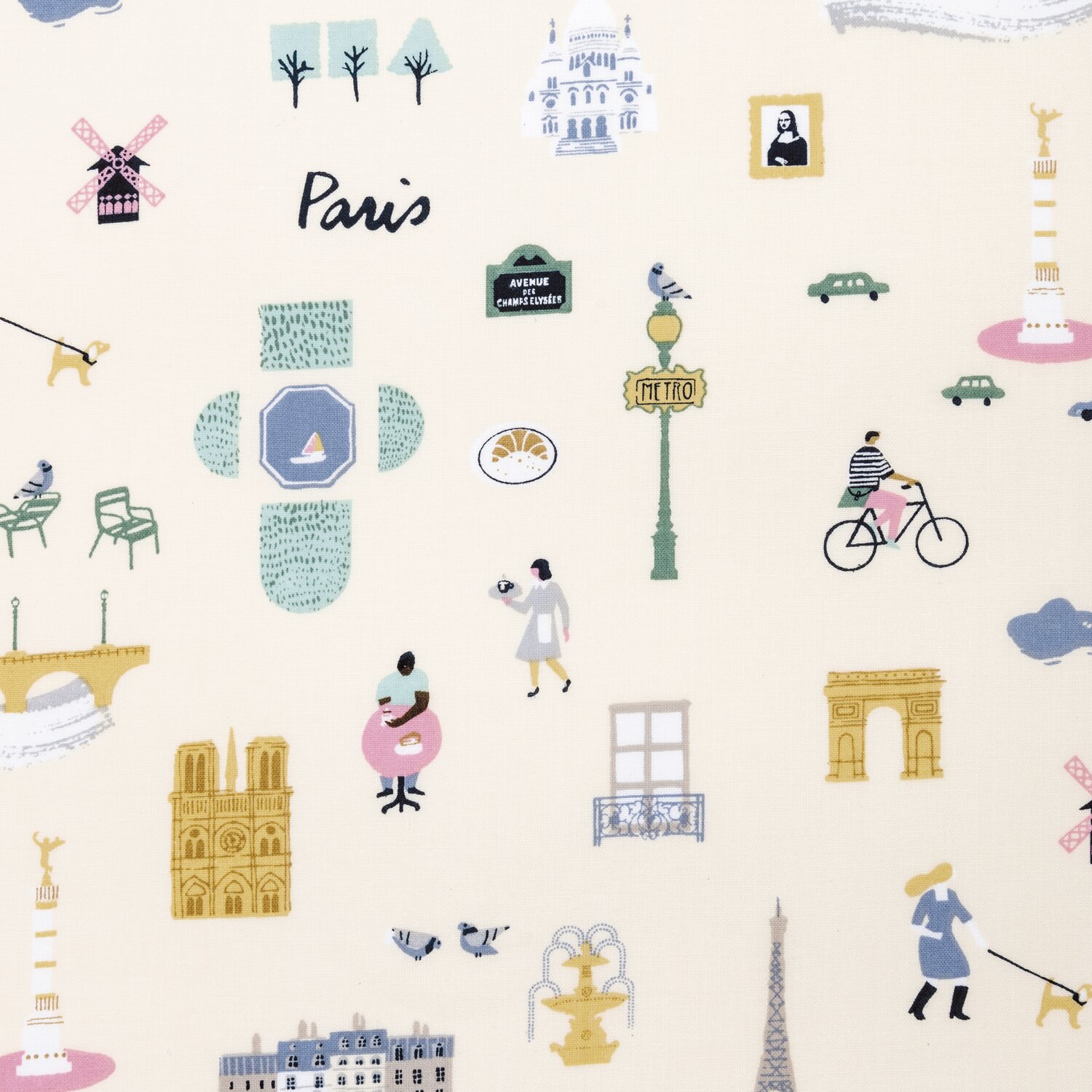 Druckstoff Paris hellgelb 50x140cm mit Pariser Motiven wie Eiffelturm und Notre-Dame auf hellem Hintergrund. Ideal für kreative Nähprojekte.