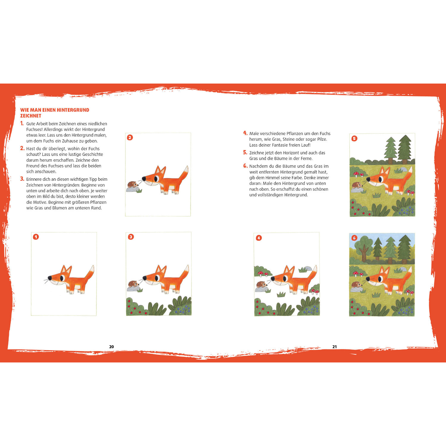 Tiere zeichnen für Kids: Anleitung zum Zeichnen eines Fuchses in sechs Schritten, mit farbigen Illustrationen und Landschaftshintergrund.