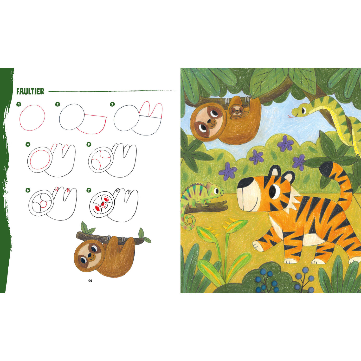 Tiere zeichnen für Kids: Anleitung zum Zeichnen eines Faultiers, daneben bunte Dschungelszene mit Tiger.