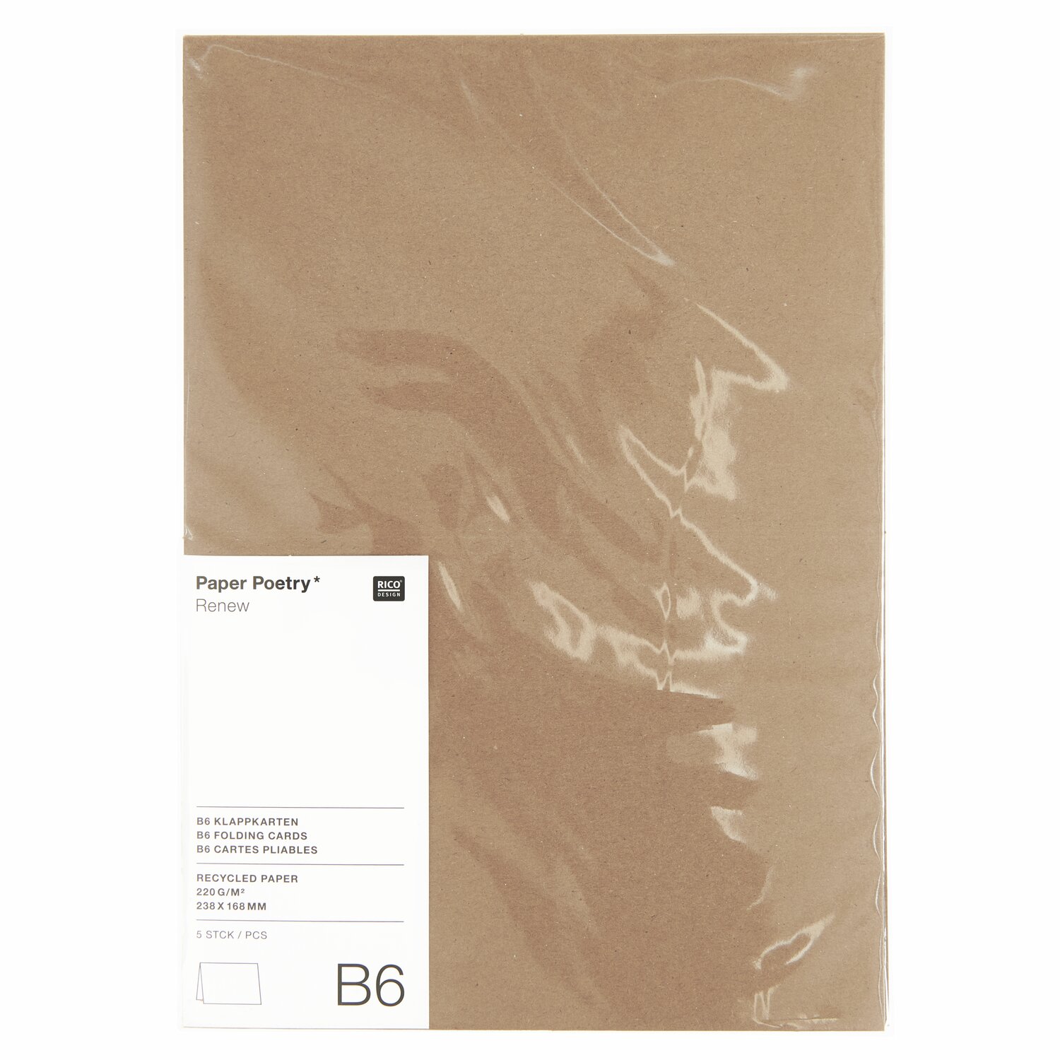 Paper Poetry Renew Karten B6 aus Kraftpapier, 5 Stück, von Rico Design, in transparenter Verpackung.