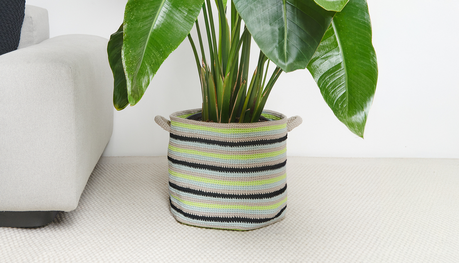 Häkelanleitung Korb aus Fashion Jersey: Gestreifter Korb in Grün und Schwarz mit Pflanze.