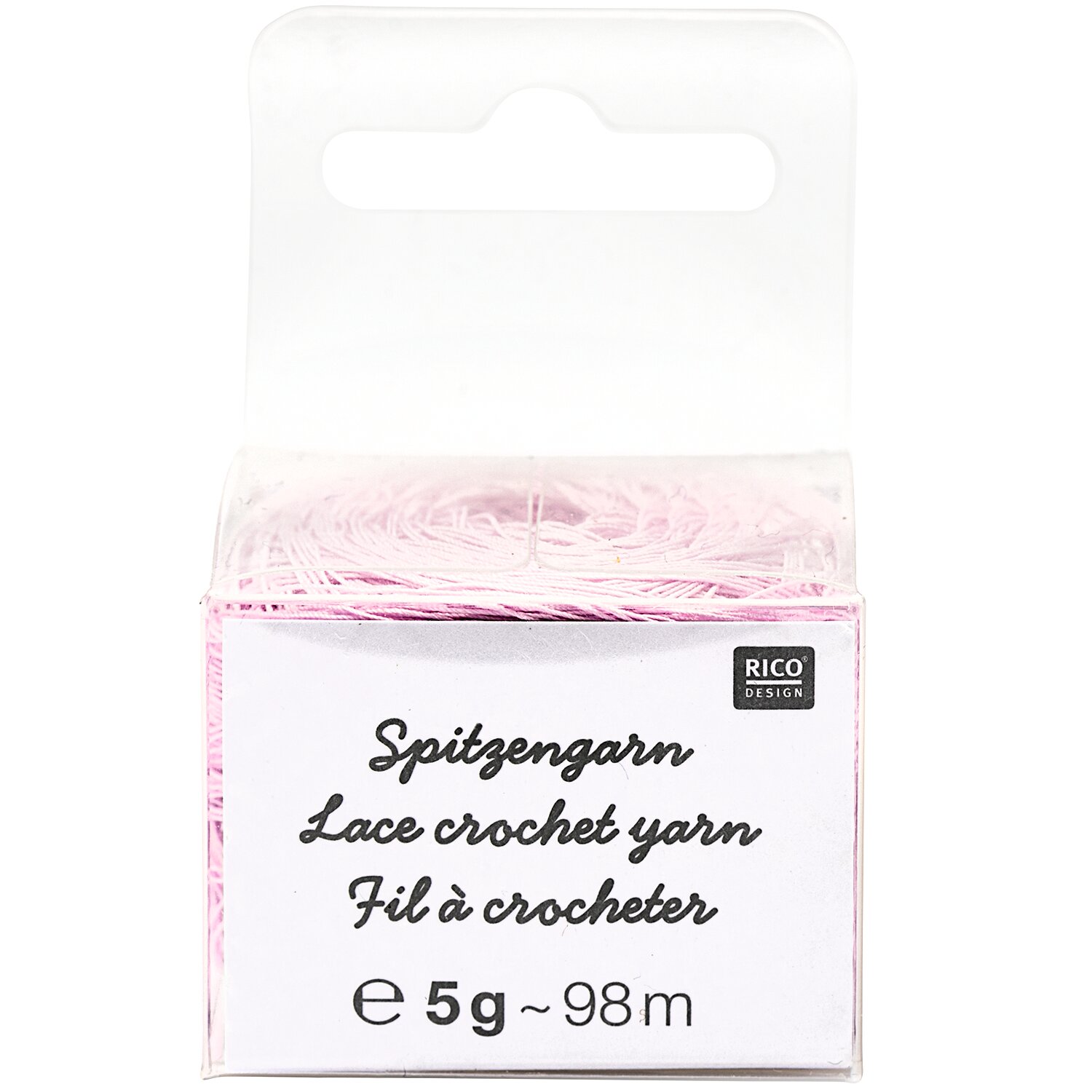 Spitzengarn, feines Häklegarn von Rico Design in zartem Pastellton, auf Kunststoffspule im transparenten Klappkarton, Lauflänge 5g 98m