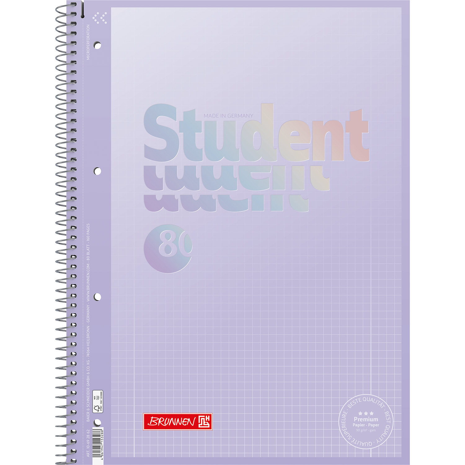 Collegeblock Pastell Lila kariert 90g mit 80 Blatt A4 von Brunnen, Spiralbindung, dezentes Karomuster und schimmerndem Schriftzug auf dem Umschlag