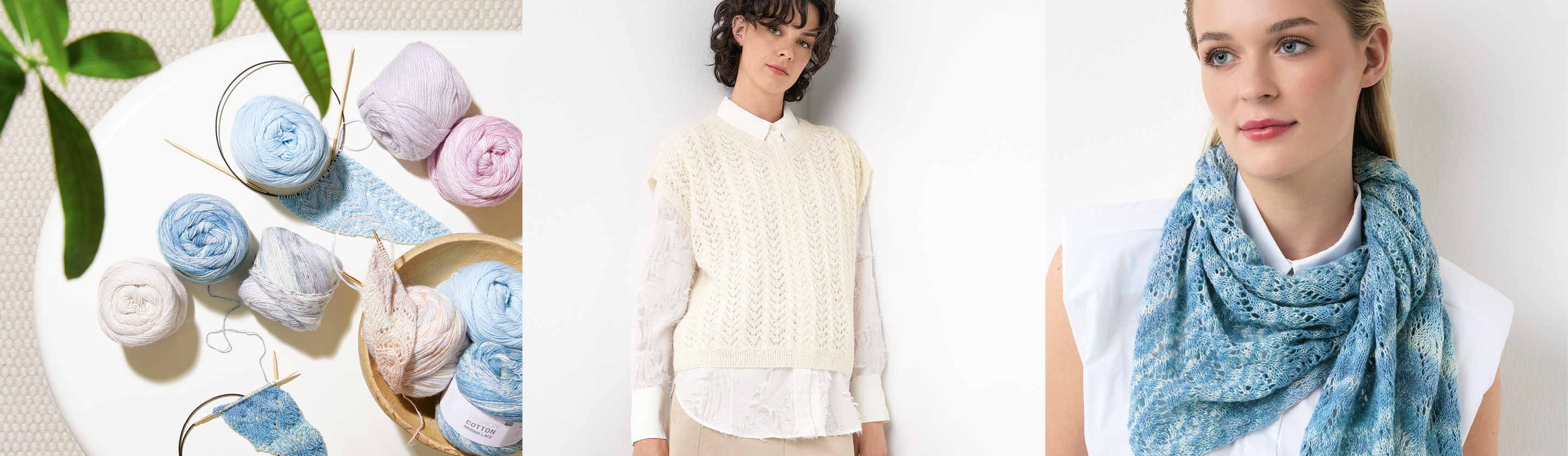 Drei Bilder nebeneinander. Verschiedenen Garne mit Strickstücken und Nadeln, eine Frau trägt gestrickten Pullunder und eine Frau trägt gestricktes Halstuch.