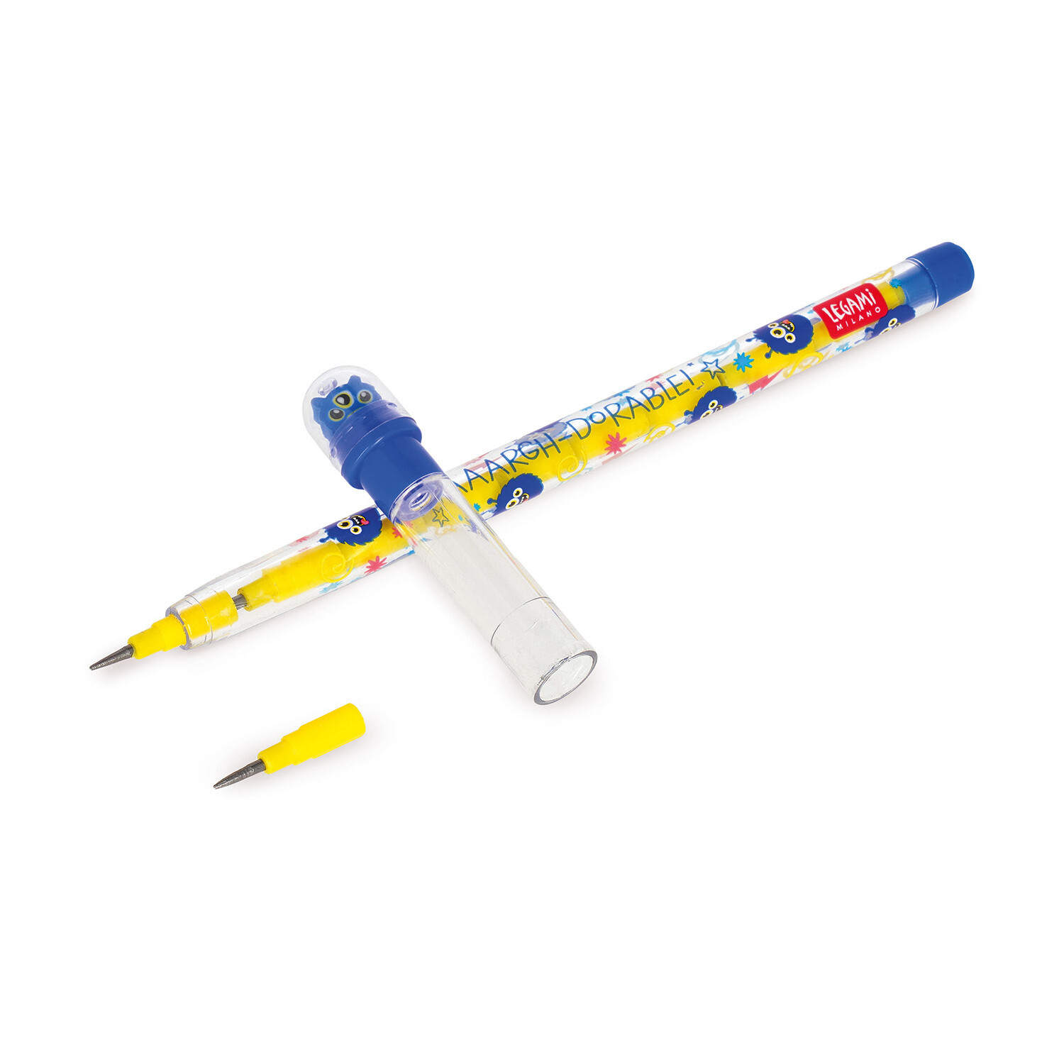 Stackable Pencils, Legami: Gelber Stift mit Monster-Design, blauer Kappe und austauschbaren Minen.
