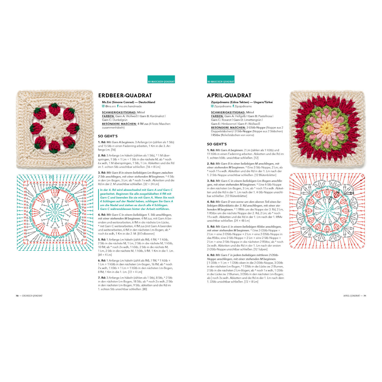Musterbibel Granny Squares von Edition Michael Fischer  Musterbibel Granny Squares: Zwei gehäkelte Quadrate in Rot- und Beigetönen mit detaillierten Anleitungen.