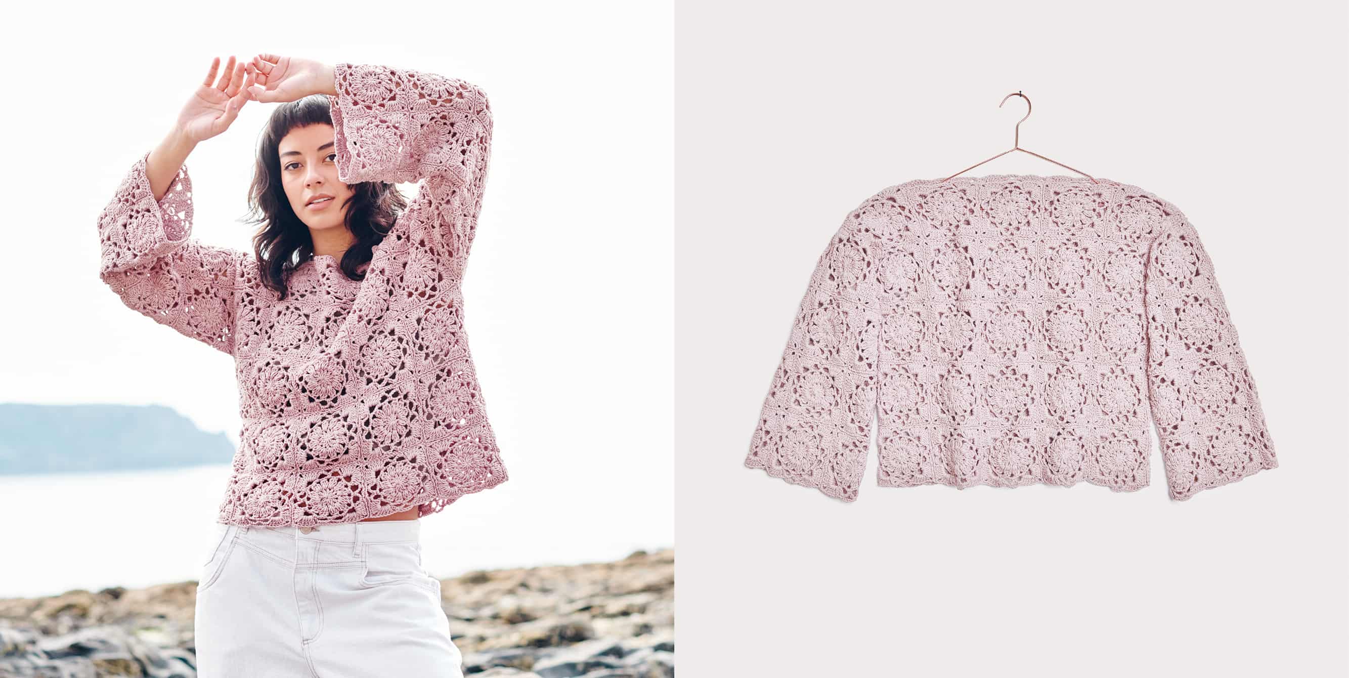 Gehäkelter Pullover Modell 23 aus Lovewool No. 20 getragen am Model und auf einem Bügel