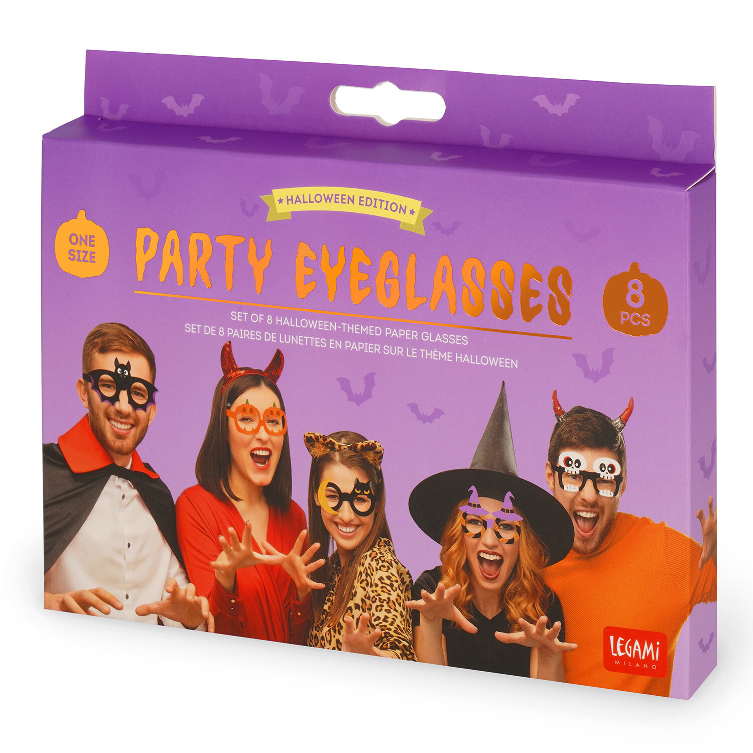 Papierbrillen Halloween Edition, 8-teilig, in lila Verpackung. Perfekt für Partys.