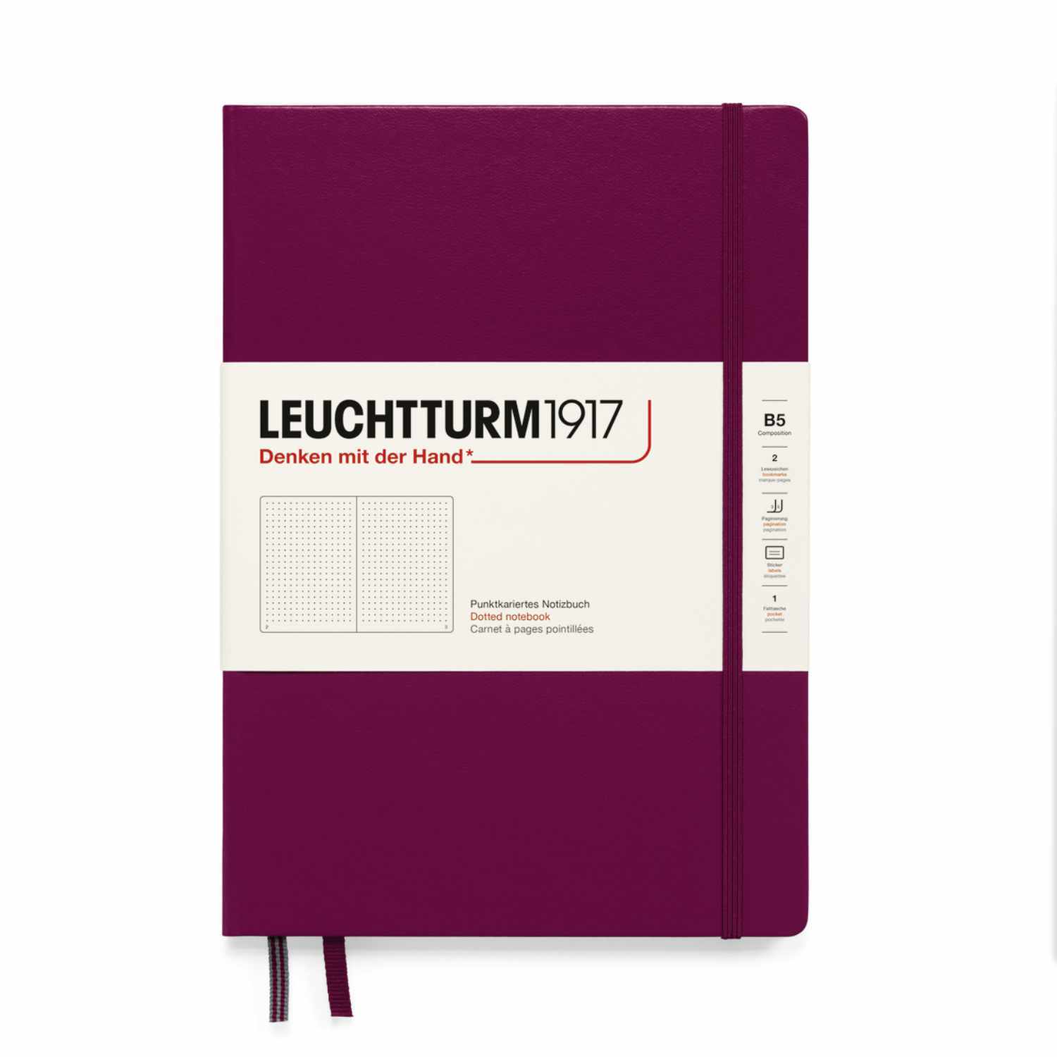 Notizbuch Composition dotted Hardcover B5 in Port Red von LEUCHTTURM1917, mit elastischem Verschlussband und zwei Lesezeichen.
