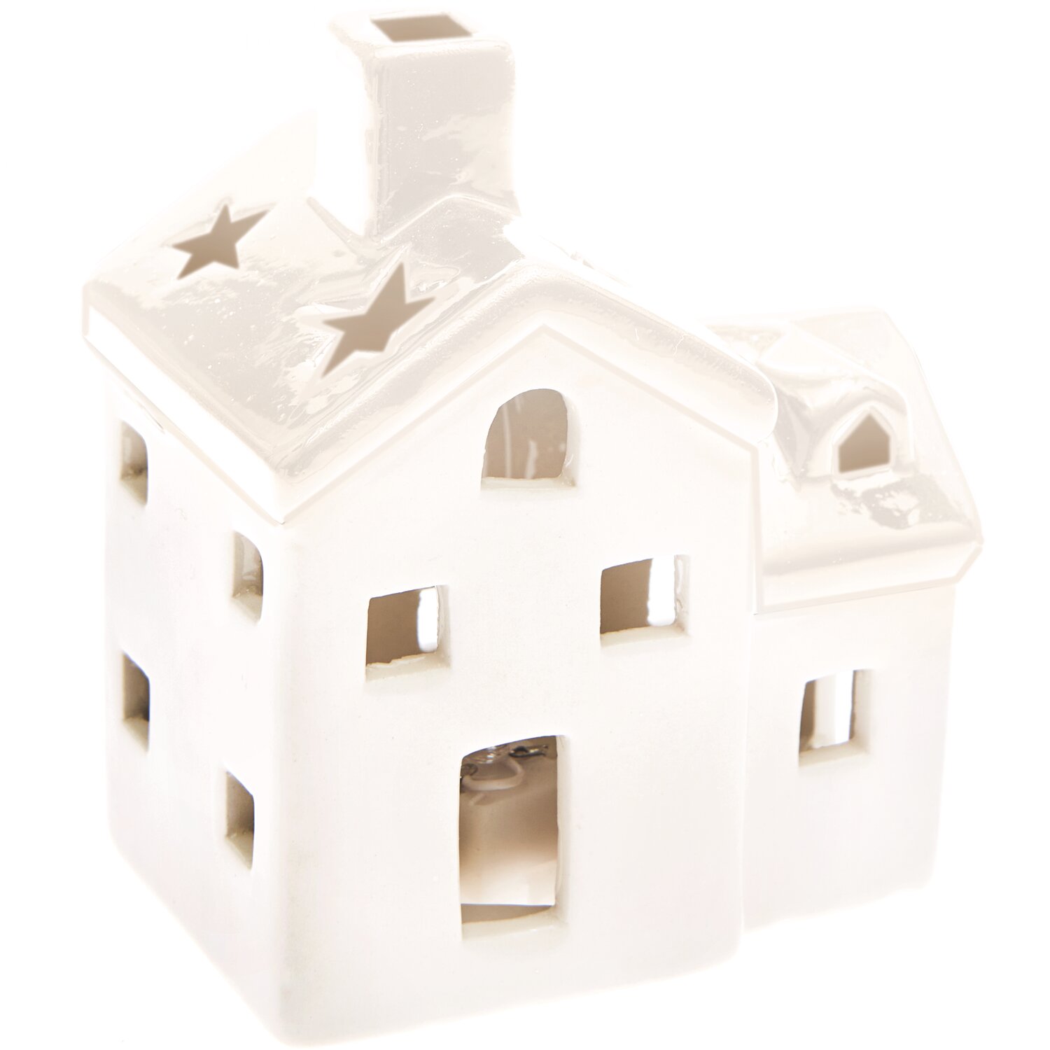 Keramik-Kerzenhalter Haus weiß 9x7x10,5cm: Eleganter Kerzenhalter in Hausform mit Sternen, ideal für stimmungsvolle Dekoration.