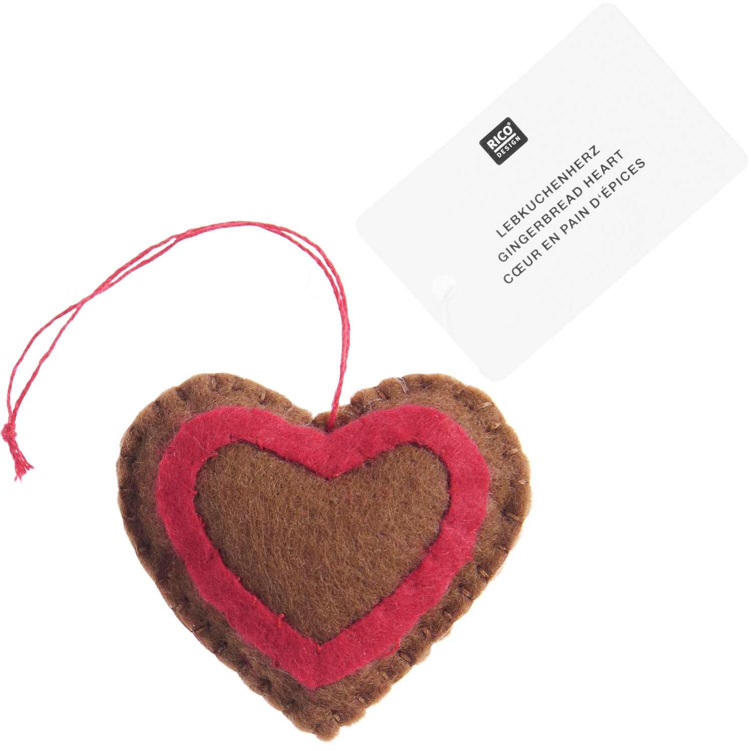 Aufhänger Filz-Gebäck Lebkuchenherz in Herzform mit rotem Rand, von Rico Design, 5,5x5,5x1,7cm.