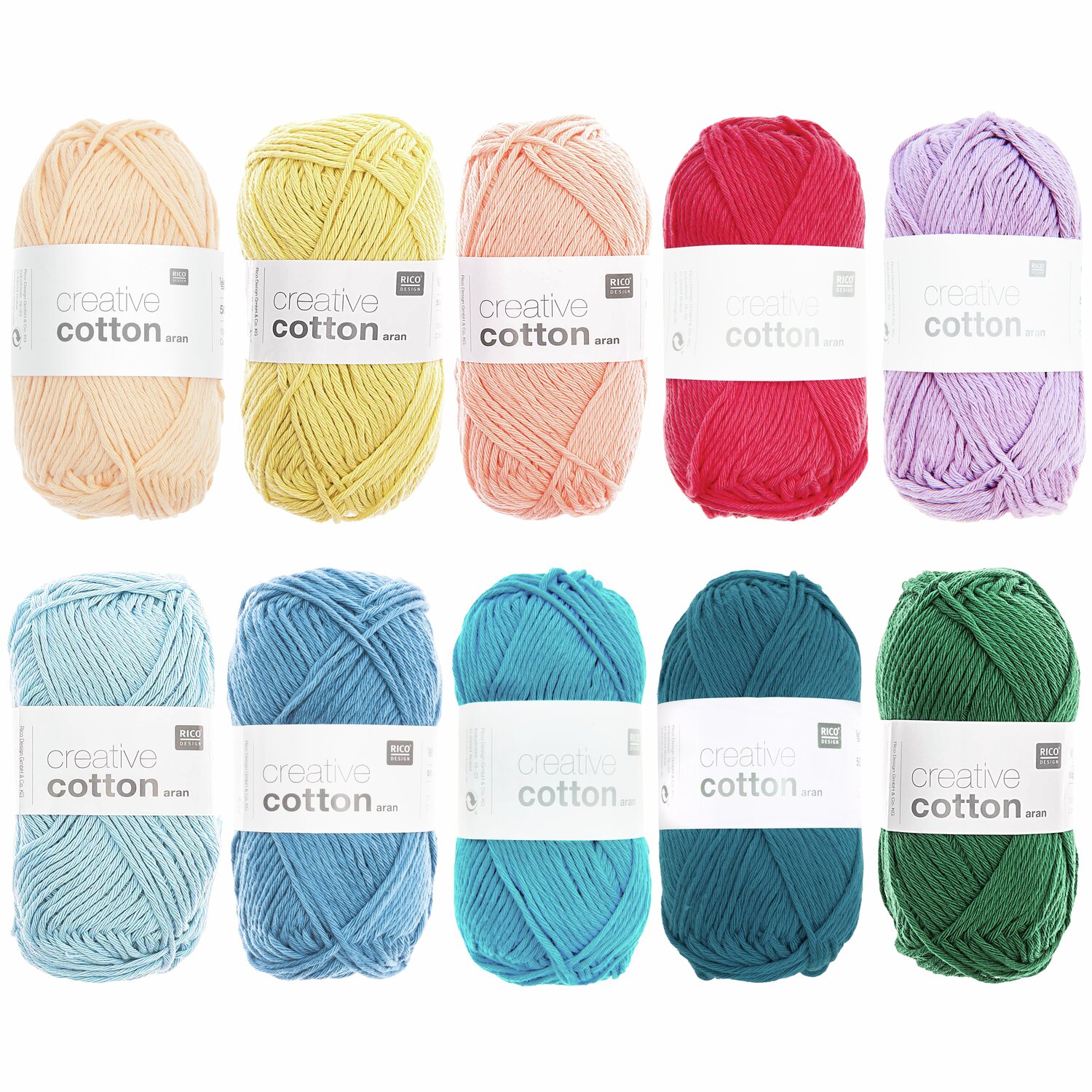 Wollpaket Creative Cotton aran Ice Cream von Rico Design, 10x50g in Pastelltönen. Ideal für Strickprojekte mit weicher Textur.