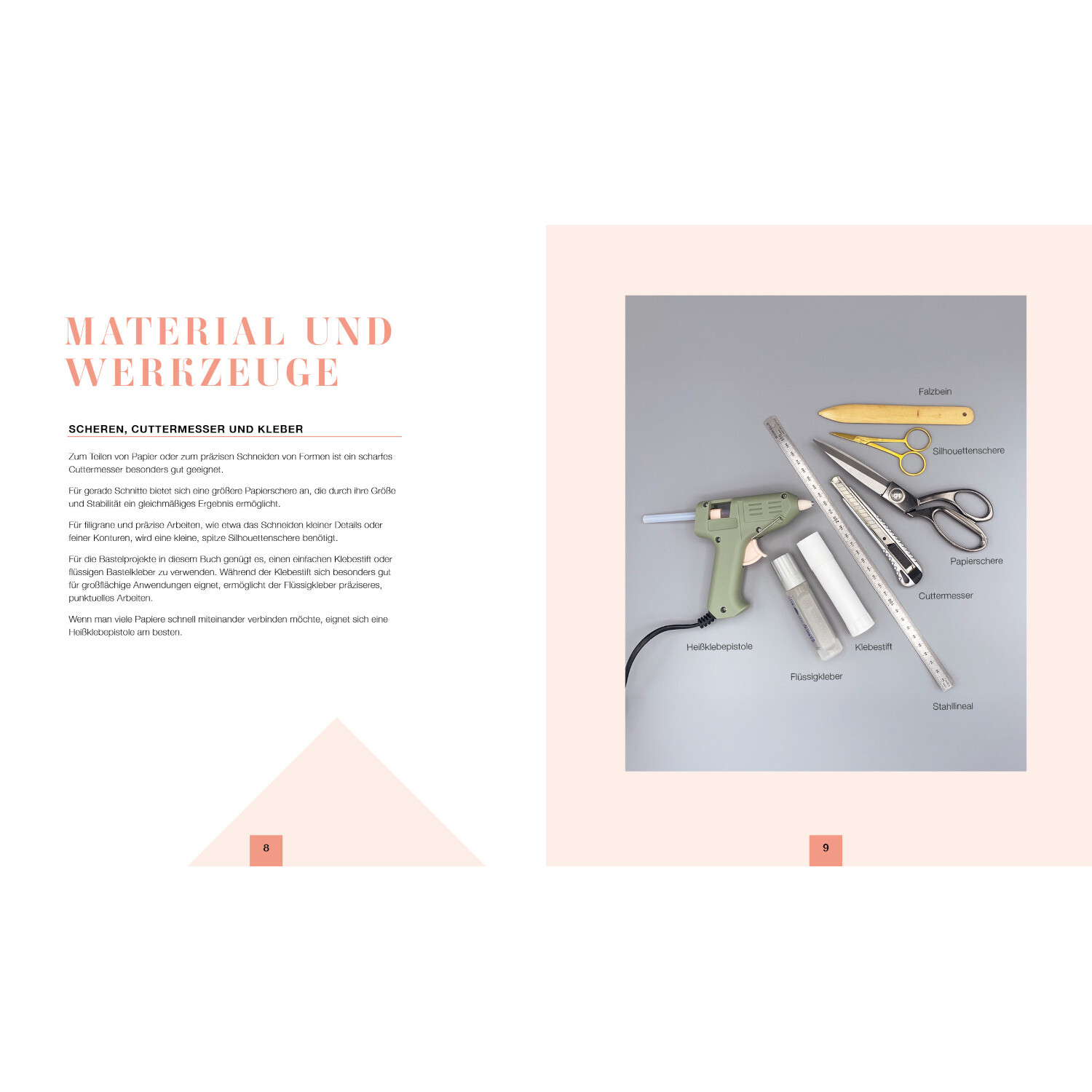 Modulare Origami: Weihnachtszauber - Doppelseite mit Bastelwerkzeugen wie Schere, Kleber und Lineal auf grauem Hintergrund.