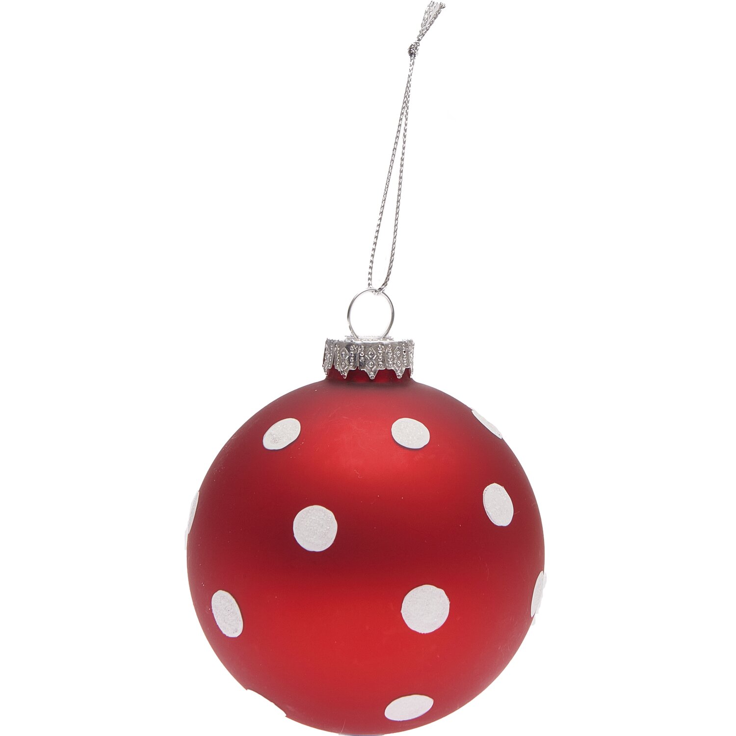 Glaskugel Baumschmuck Punkte rot-weiß 8cm: Rote Kugel mit weißen Punkten, ideal für festliche Dekorationen.