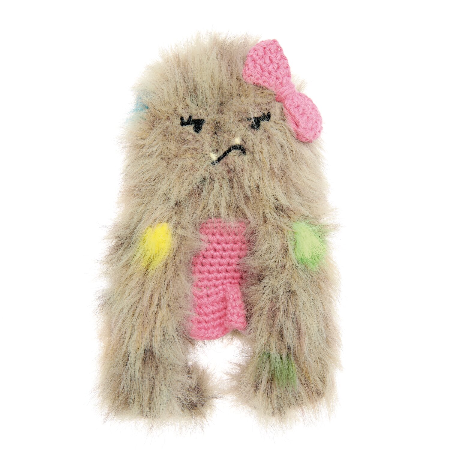 Ricorumi Marvellous Monsters Under My Bed, gehäkeltes Plüschmonster mit buntem, zotteligem Fell, rosa Details und traurigem Gesicht, Marke Rico Design
