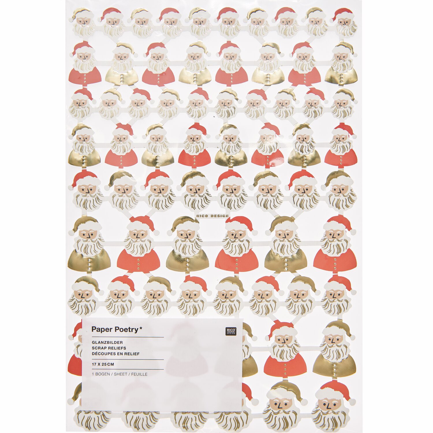 Paper Poetry Glanzbilder zeigen Santa-Motive auf einem Blatt. Perfekt für festliche Bastelprojekte.