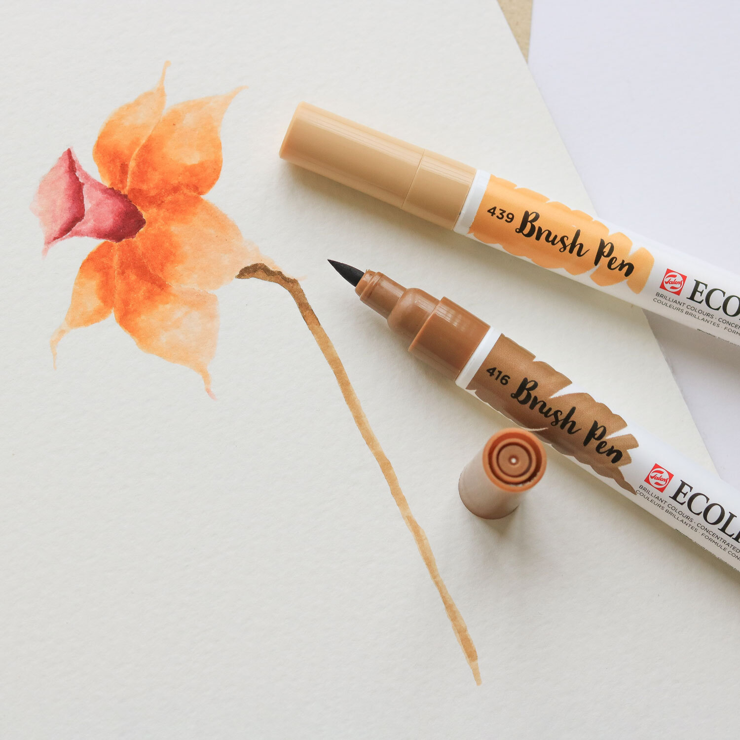 Ecoline Brush Pen Set Botanik, 10 Stück, zeigt zwei Stifte neben einer gemalten Blume.