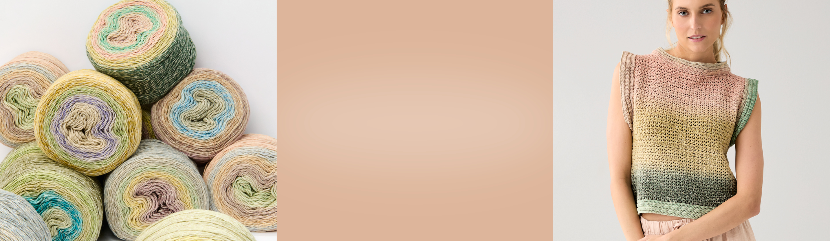 Verschiedene Garne in pastelligen Farben, daneben ein aprikofarbener Farbausschnitt und daneben eine Frau, welche einen gestricktes Top in ebenfalls pastelligen Farben trägt.