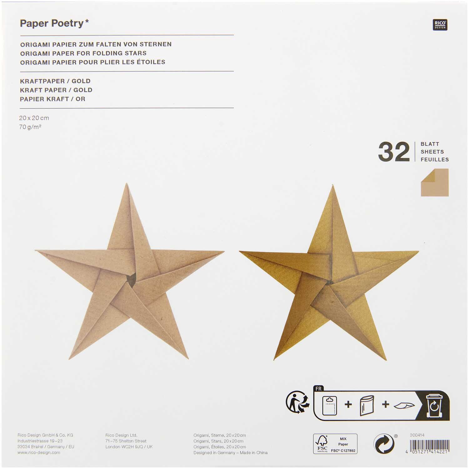 Paper Poetry Bascetta Origamipapier Gold, 32 Blatt. Ideal zum Falten von Sternen, 20x20 cm, 70g/m².