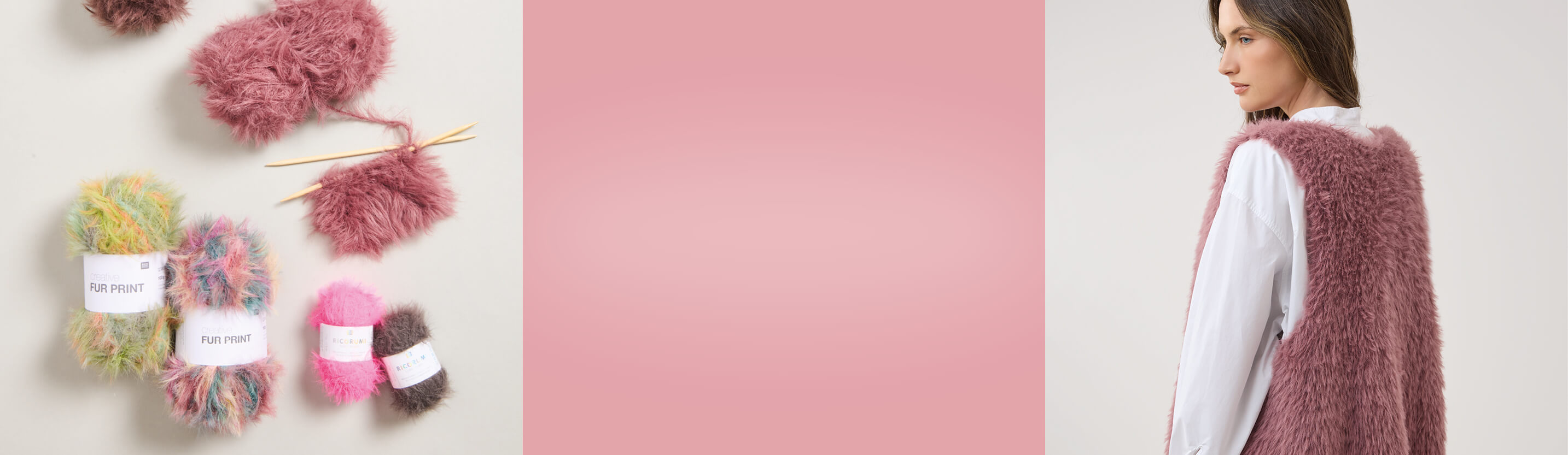 Verschiedene Garne und Handarbeitsmaterialien in Rosa und Weiß neben einer Frau mit rosafarbenem Strickmodell