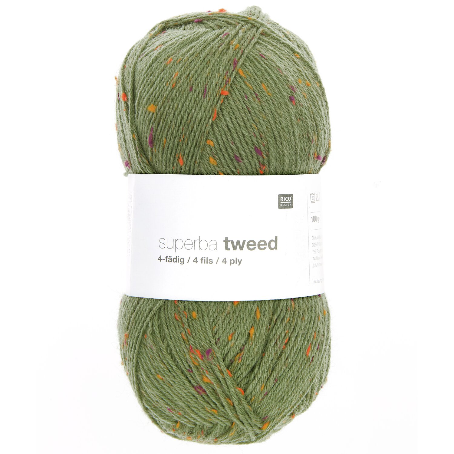 Superba Tweed 4-fädig Garn in Oliv mit bunten Sprenkeln, 100g 375m, ideal für Strickprojekte.