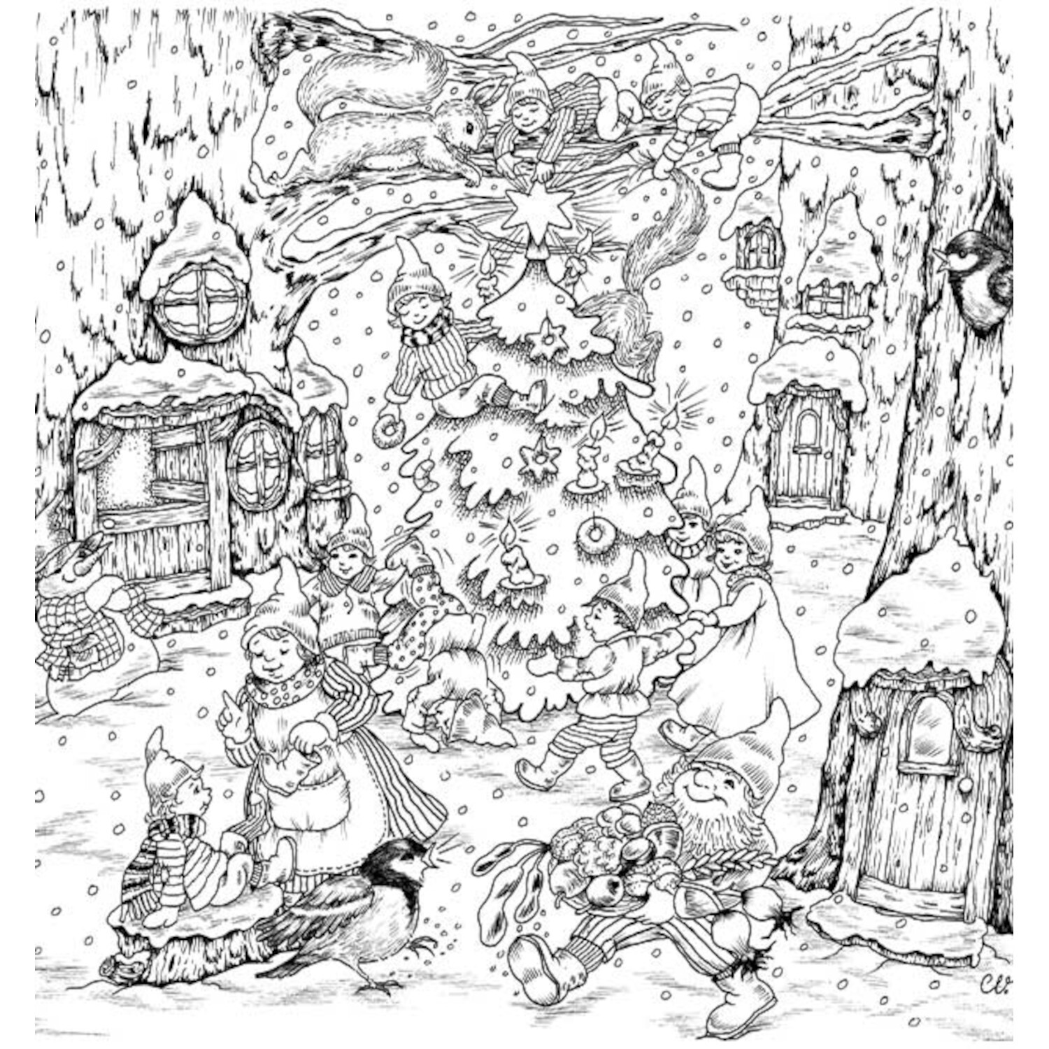 Christl Vogls Ausmalreise - Welt der Weihnachtswichtel: Fröhliche Wichtel feiern um einen geschmückten Weihnachtsbaum im verschneiten Dorf.