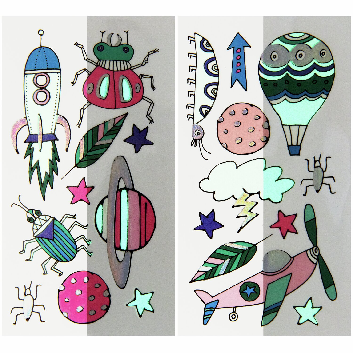 Tattoos Monsterparty, 21-teilig: Bunte Raketen, Insekten und Luftballons auf zwei Bögen für kreative Kinder.