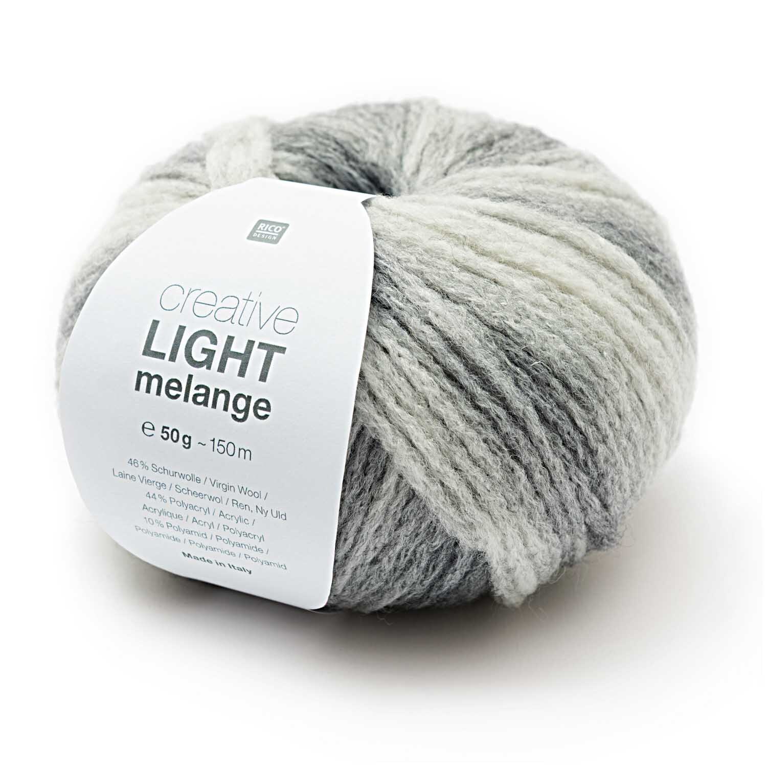 Creative Light Melange Wolle in Grau Mix von Rico Design, 50g Knäuel, ideal für Strickprojekte.